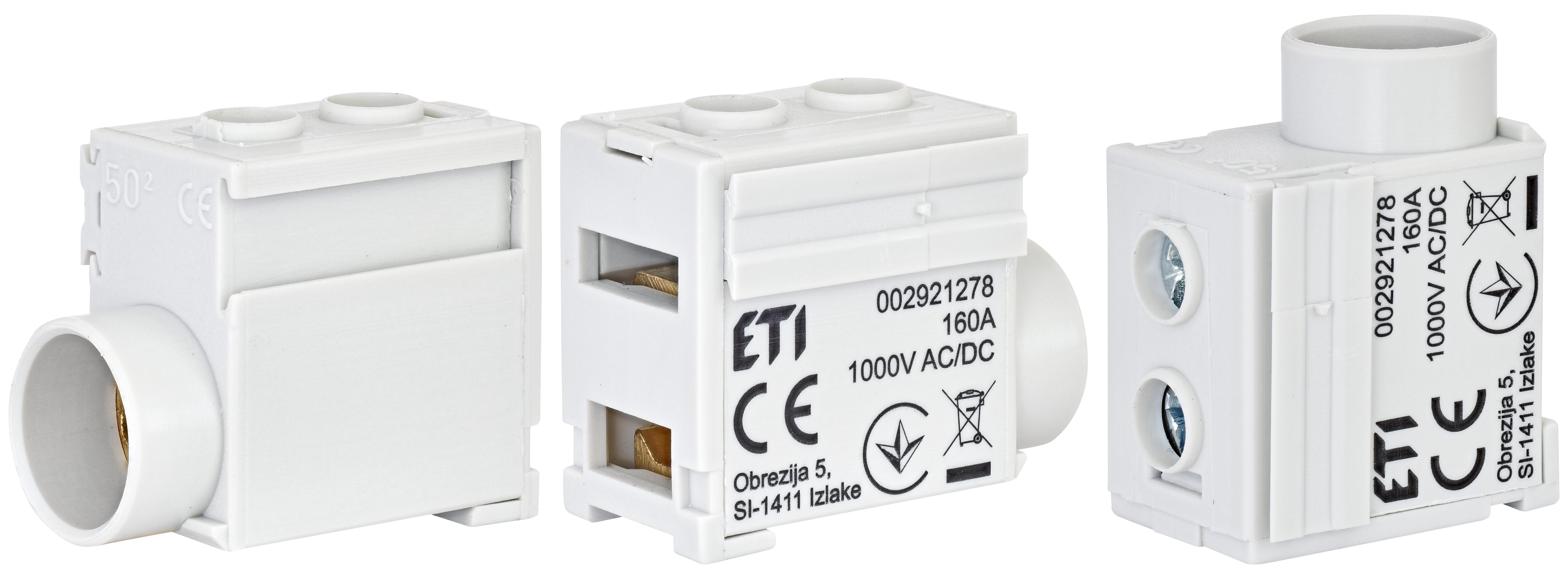 Feed-in terminals for fork or flat phase pins 160A Maximum 50mm2 (EFB50)