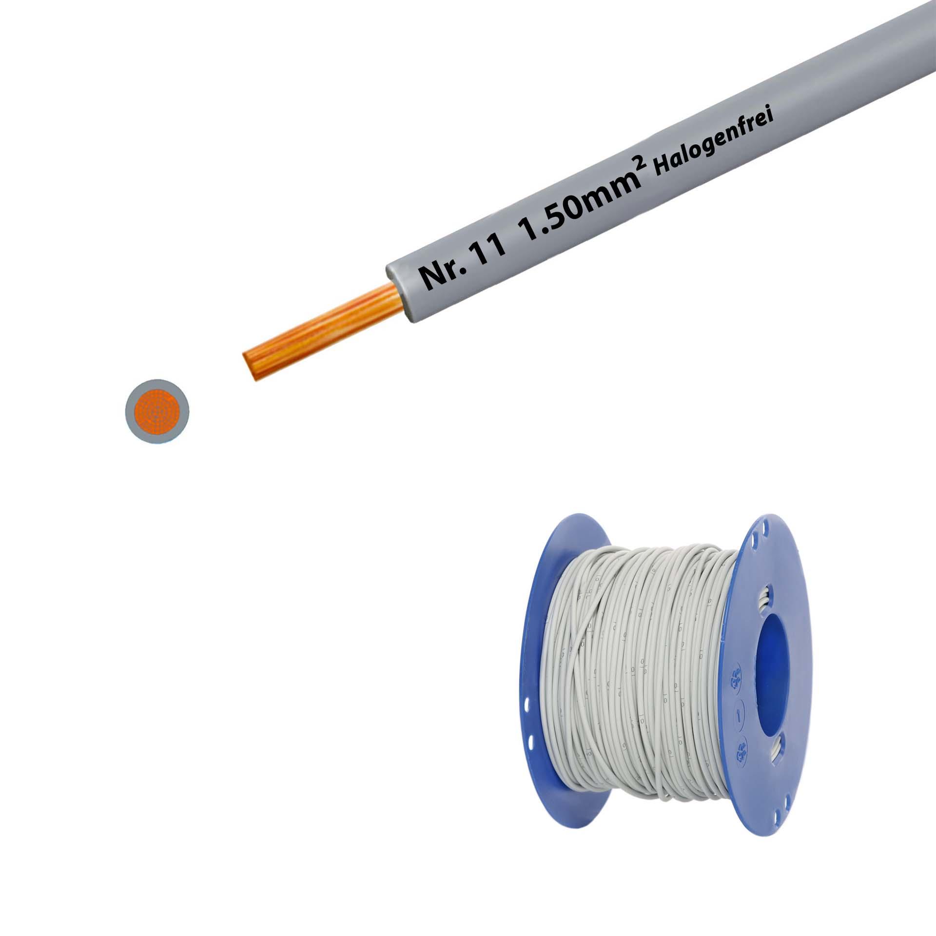 Fil sans halogène 90° C , 750V, 1.50mm2, gris Nr. 11 (RAL 7035), sur bobine