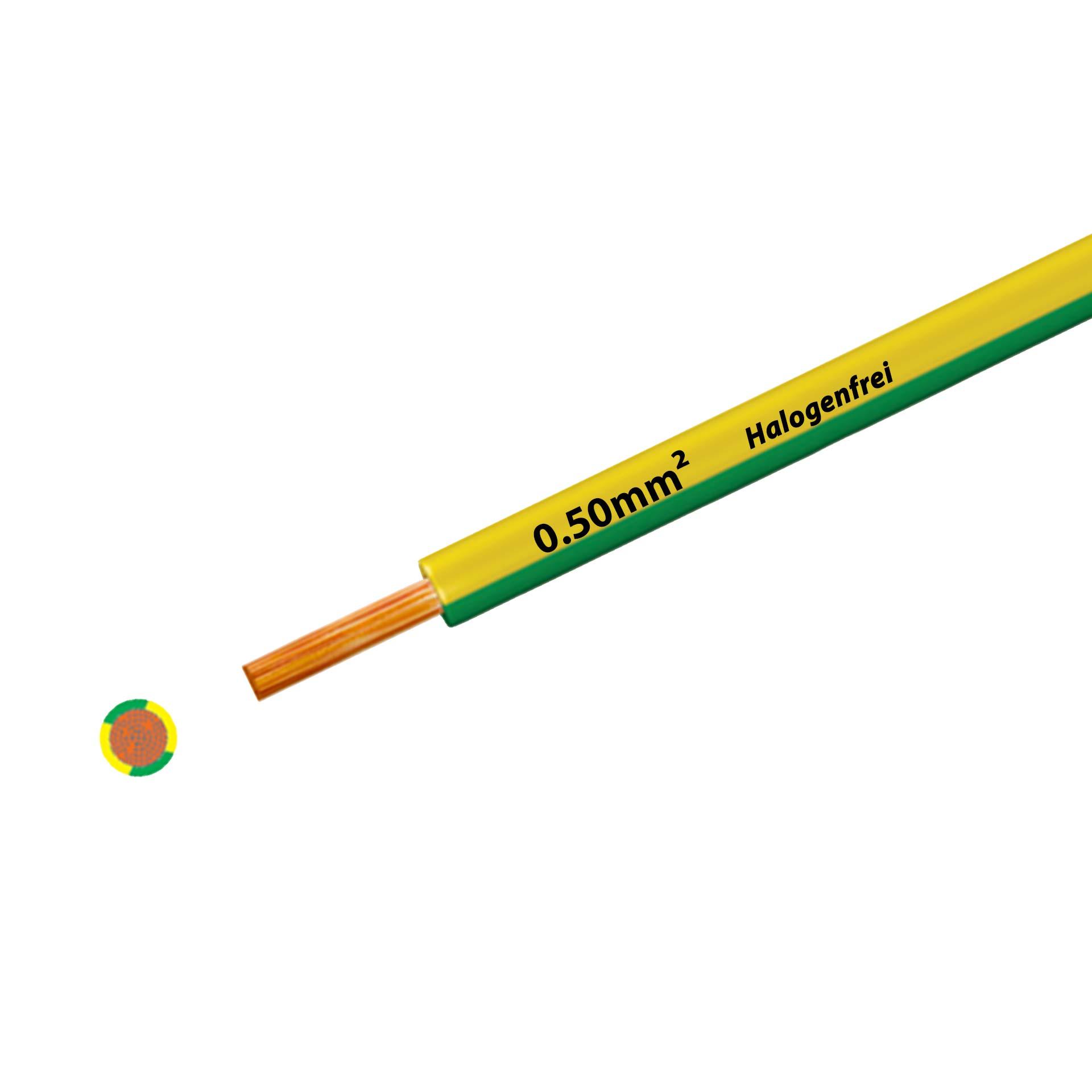 Litze halogenfrei 90° C , 500V, 0.50 mm2, gelb-grün (RAL 1021/6018), auf Kunststoffrolle