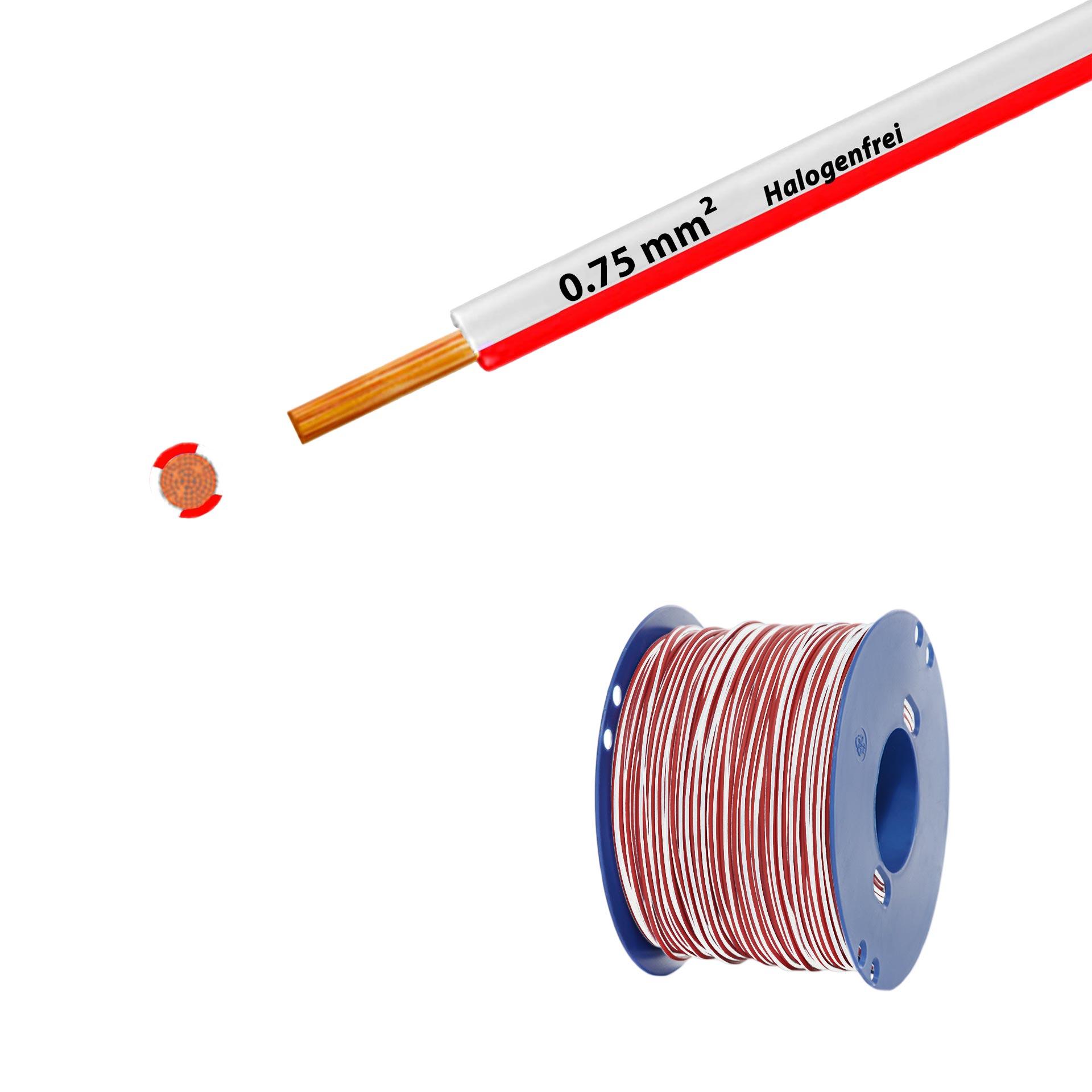 Halogen-free stranded wire 90° C, 500V, 0.75mm2, white-red (RAL 9010/3000), on plastic reel