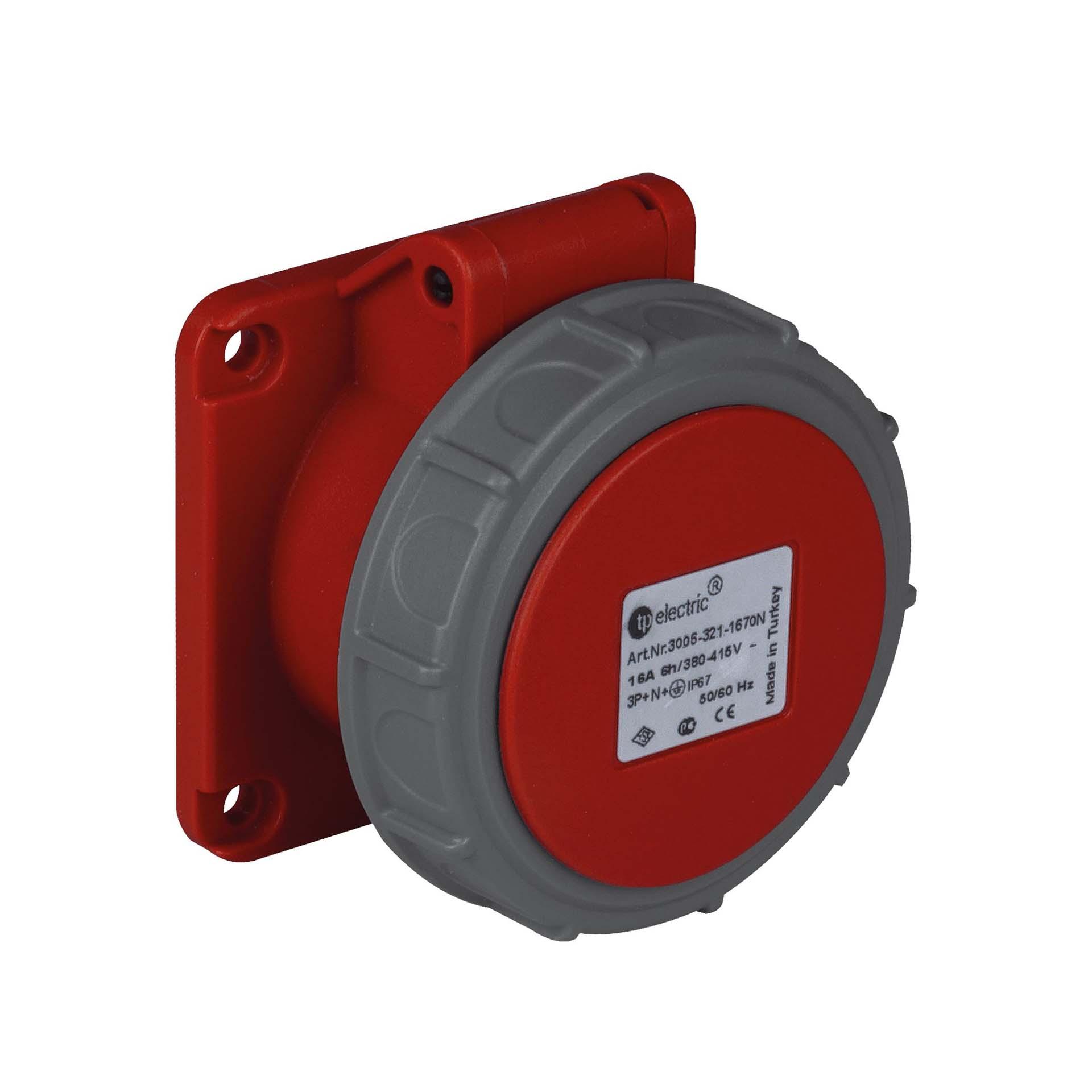 Quick CEE socket outlet 16A, 400V, 5-pole (3P+N+E), 6h, IP67, straight, red, nickel-plated contacts
