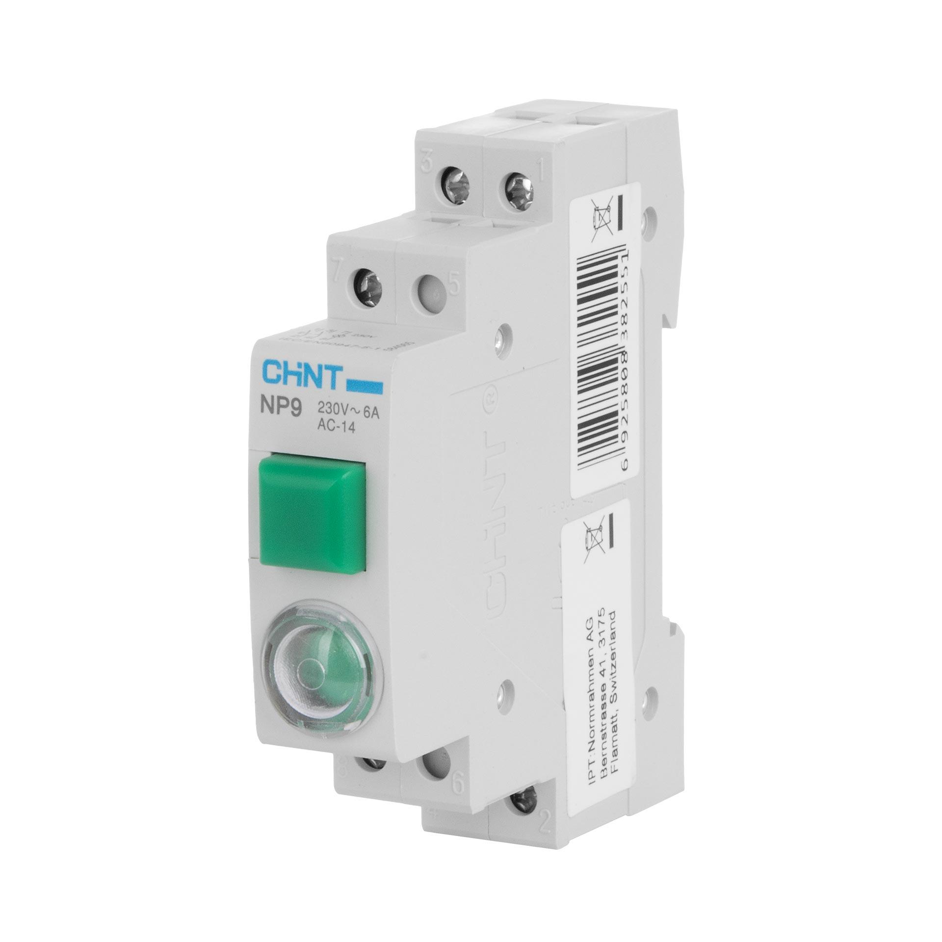 Chint REG Taster und Signal-Lampe (LED), 1-Modul, 230V AC/DC, grün, 16A (Ith), 6A (Ie), 2-Schliesser