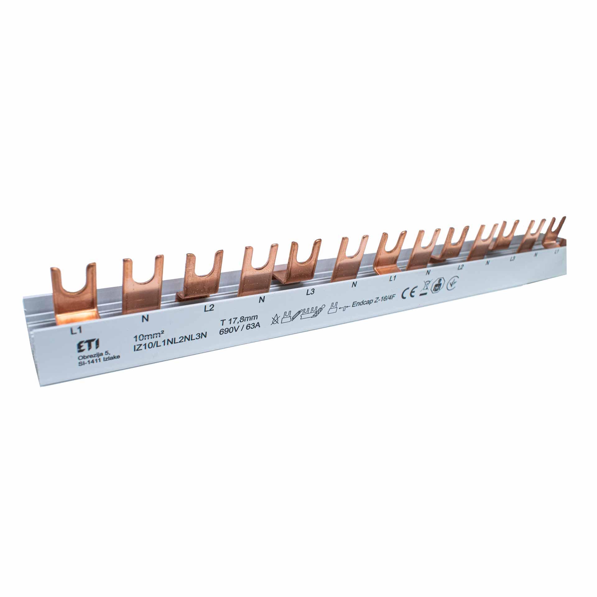 Insulated phase busbar, cuttable, 2P {L1, N ¦ L2, N ¦ L3, N}, 54 mod. 972mm, 10mm2, 63A