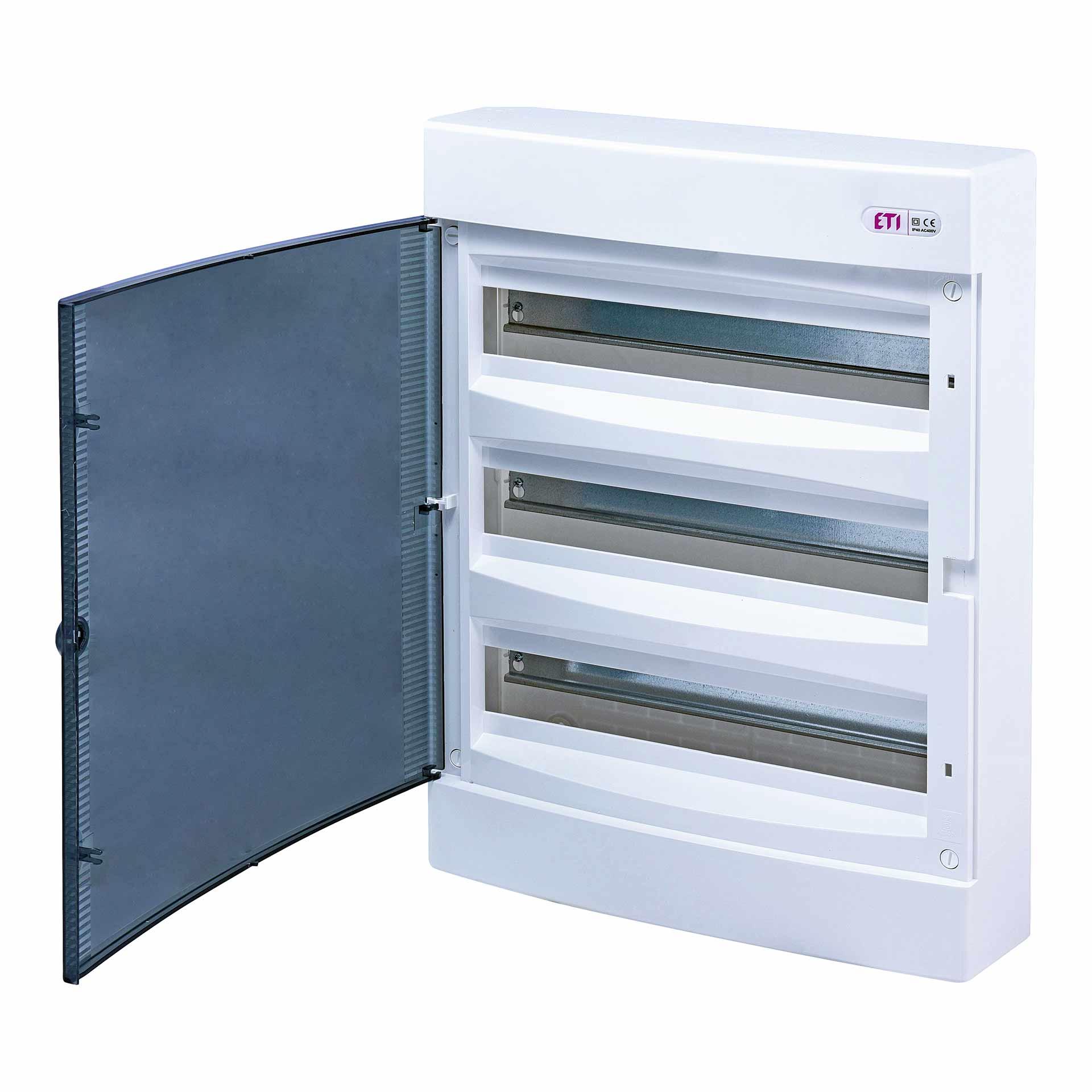 Distributore a parete con porta trasparente "ECT-54-PT", IP40, 3x18 moduli (54M) Distributore a parete con porta trasparente "ECT-54-PT", IP40, 3x18 moduli (54M)