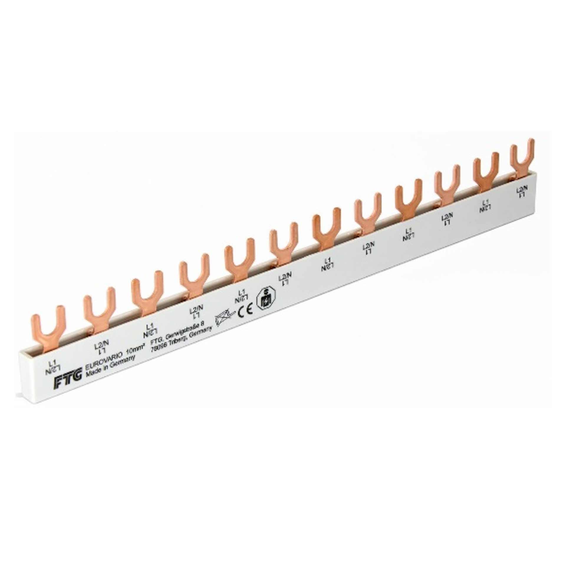 Insulated forked phase busbar 10mm2, 63A (6x1PN-2MOD) P-P= 17.8 mm 