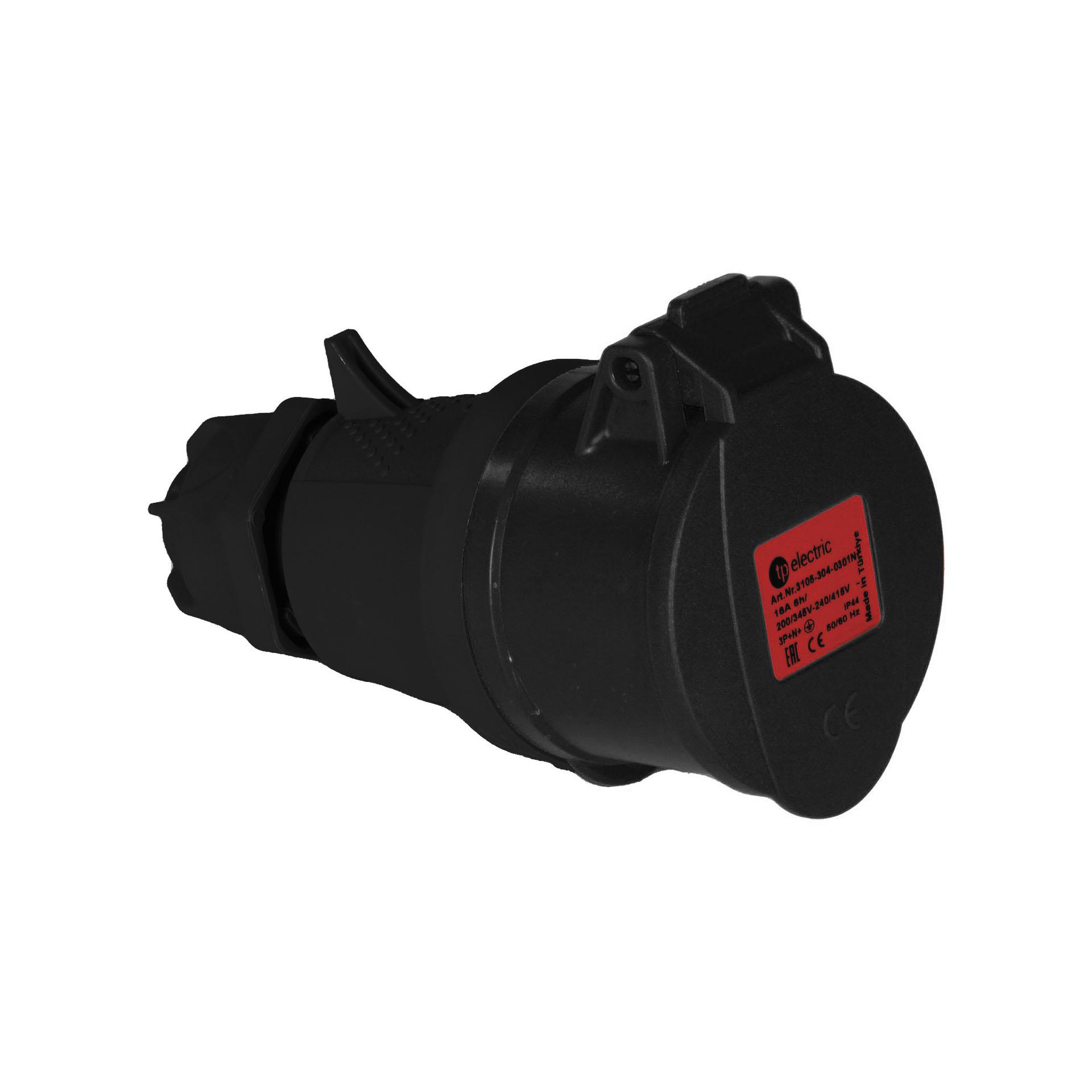 CEE connector 16A, 400V, 5-pin (3P+N+E), 6h, IP44, black, nickel-plated contacts