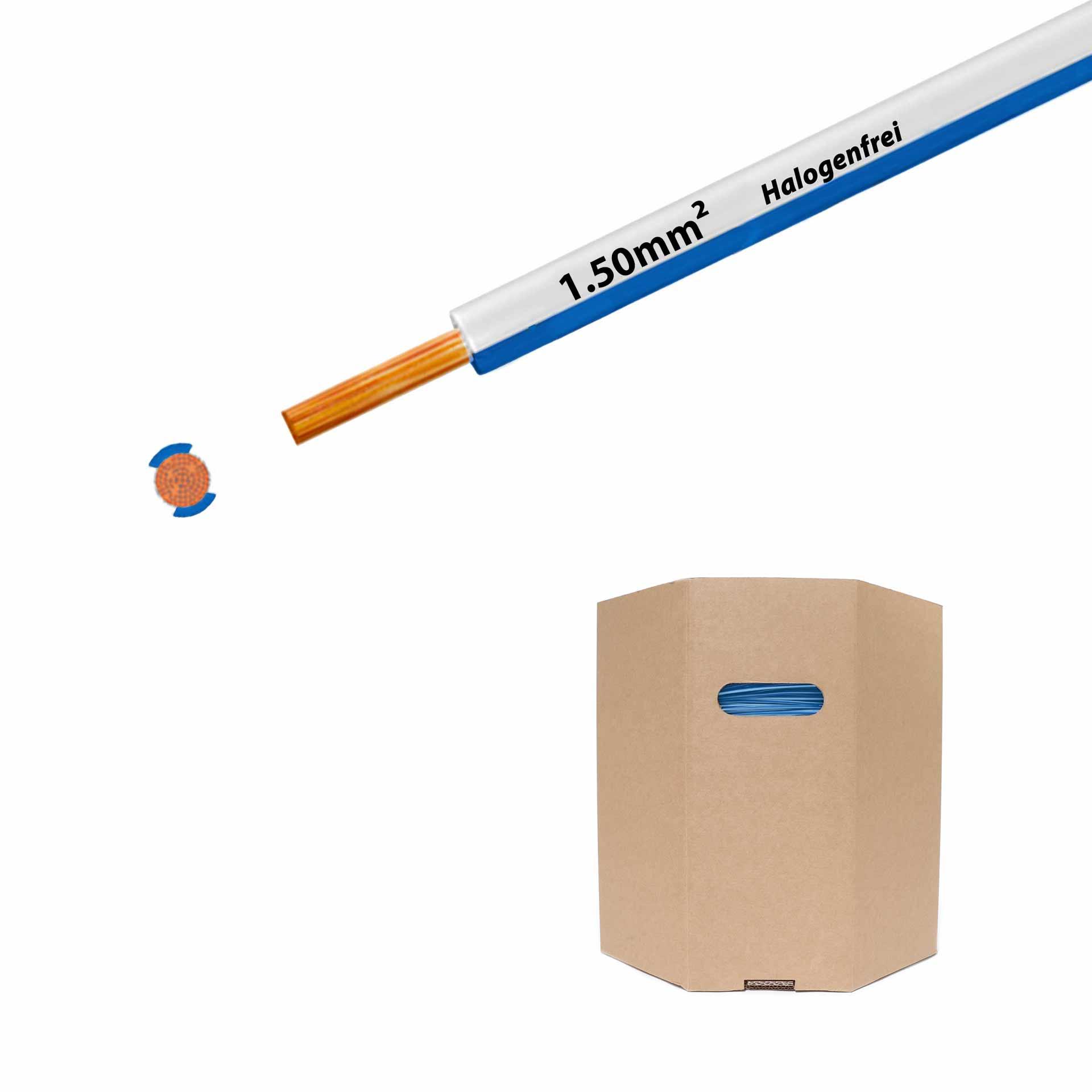 Litze halogenfrei 90° C , 750V, 1.50mm2, weiss-hellblau (RAL 9010/5012), Fass D400xH400