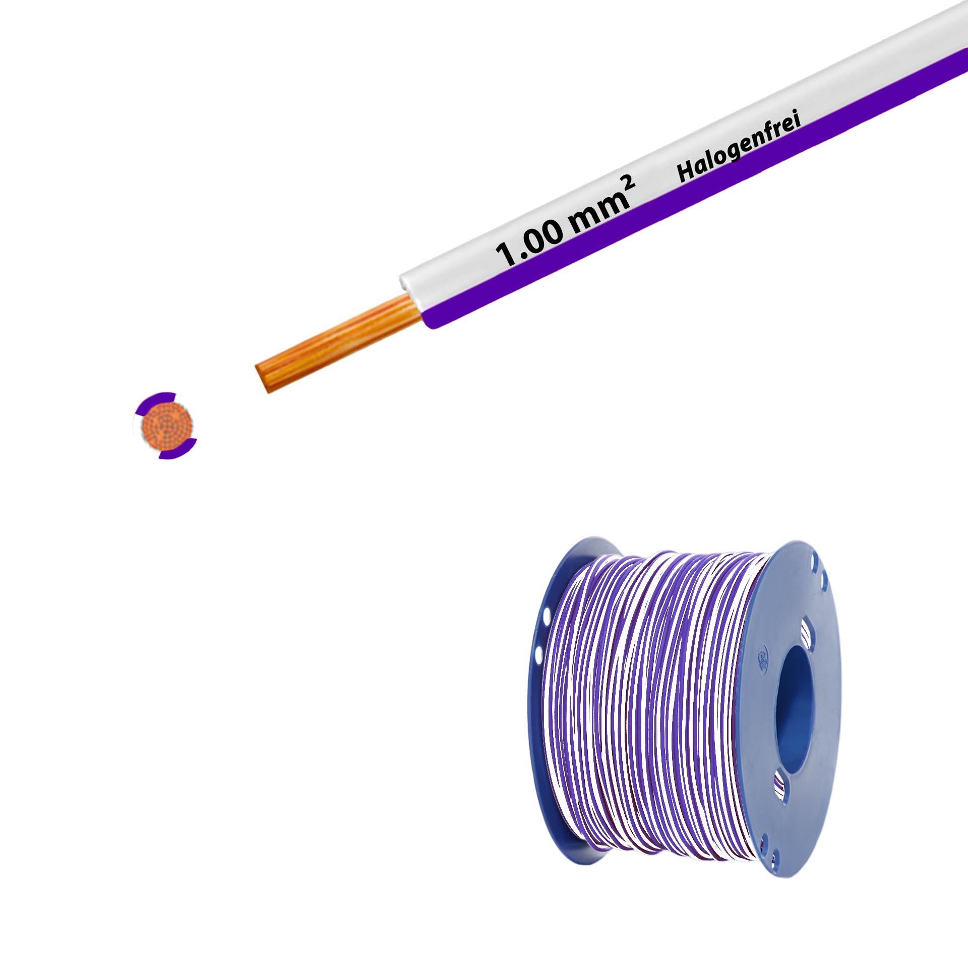 Halogen-free stranded wire 90° C, 500V, 1.00mm2, white-violet (RAL 9010/4005), on plastic reel