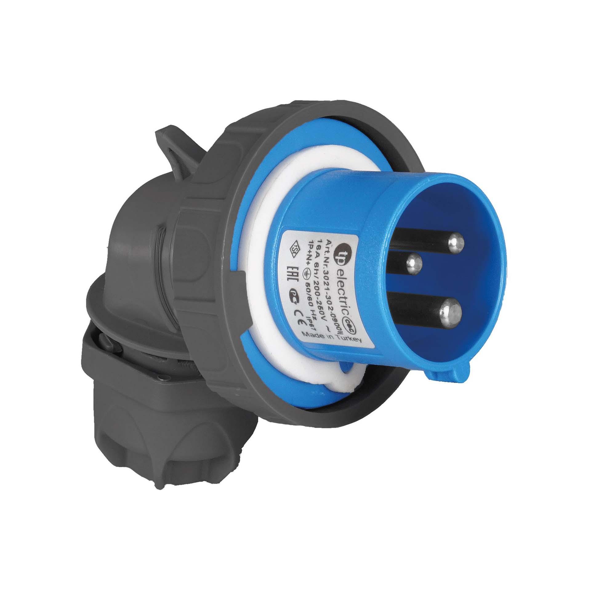 Quick CEE angled plug 16A, 230V, 3-pole (1P+N+E), 6h, IP67, blue-anthracite, nickel-plated contacts