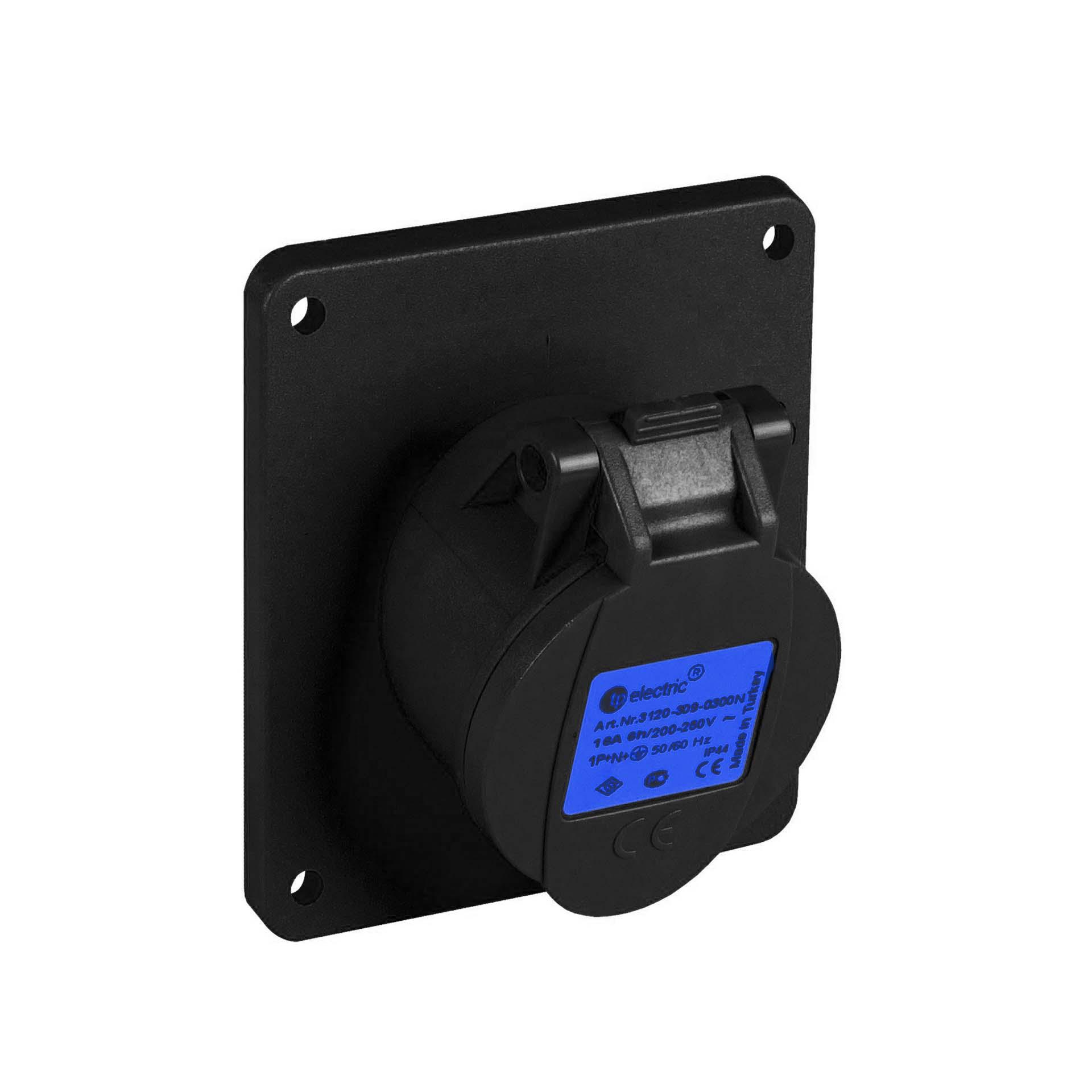Quick CEE socket outlet 16A, 230V, 3-pole (1P+N+E), 6h, IP44, angled, black, nickel-plated contacts