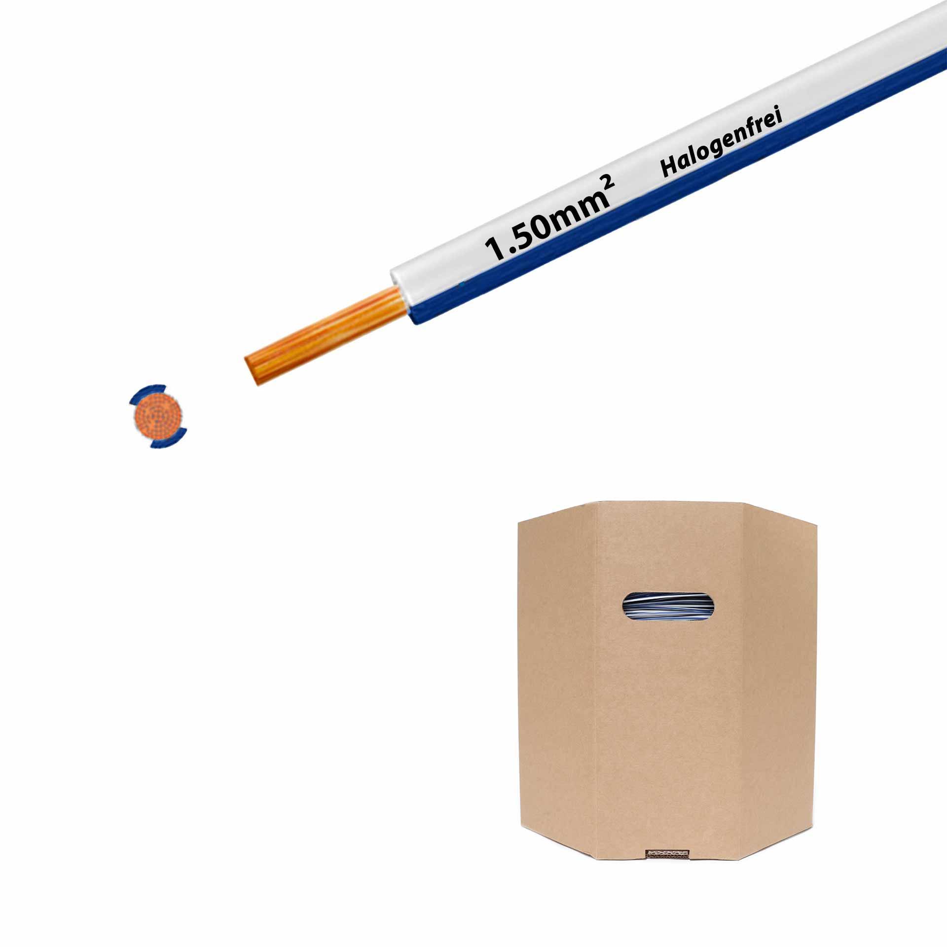 Halogen-free stranded wire 90° C , 750V, 1.50mm2, white-dark blue (RAL 9010/5010), barrel D400xH400