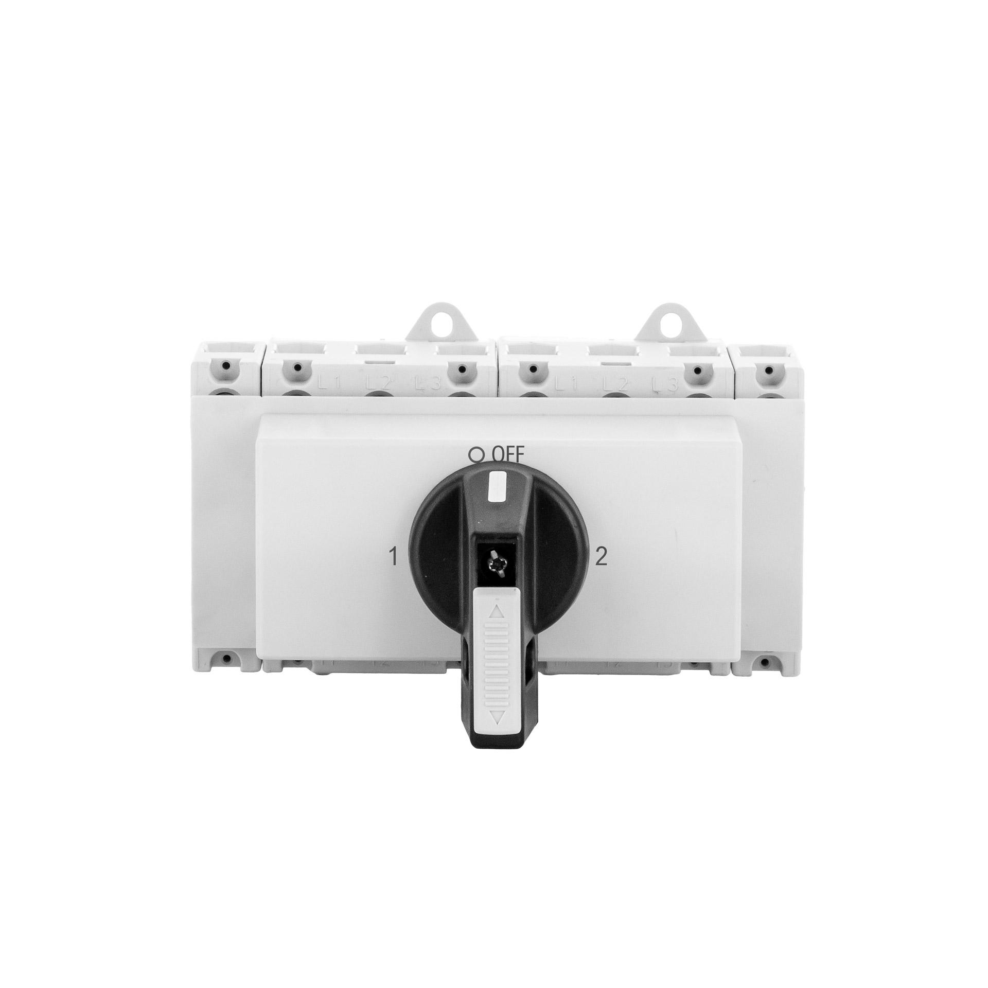 DIN changeover switch with locking device, 4-pole, 63A, 22 kW, IP40, 1-0-2
