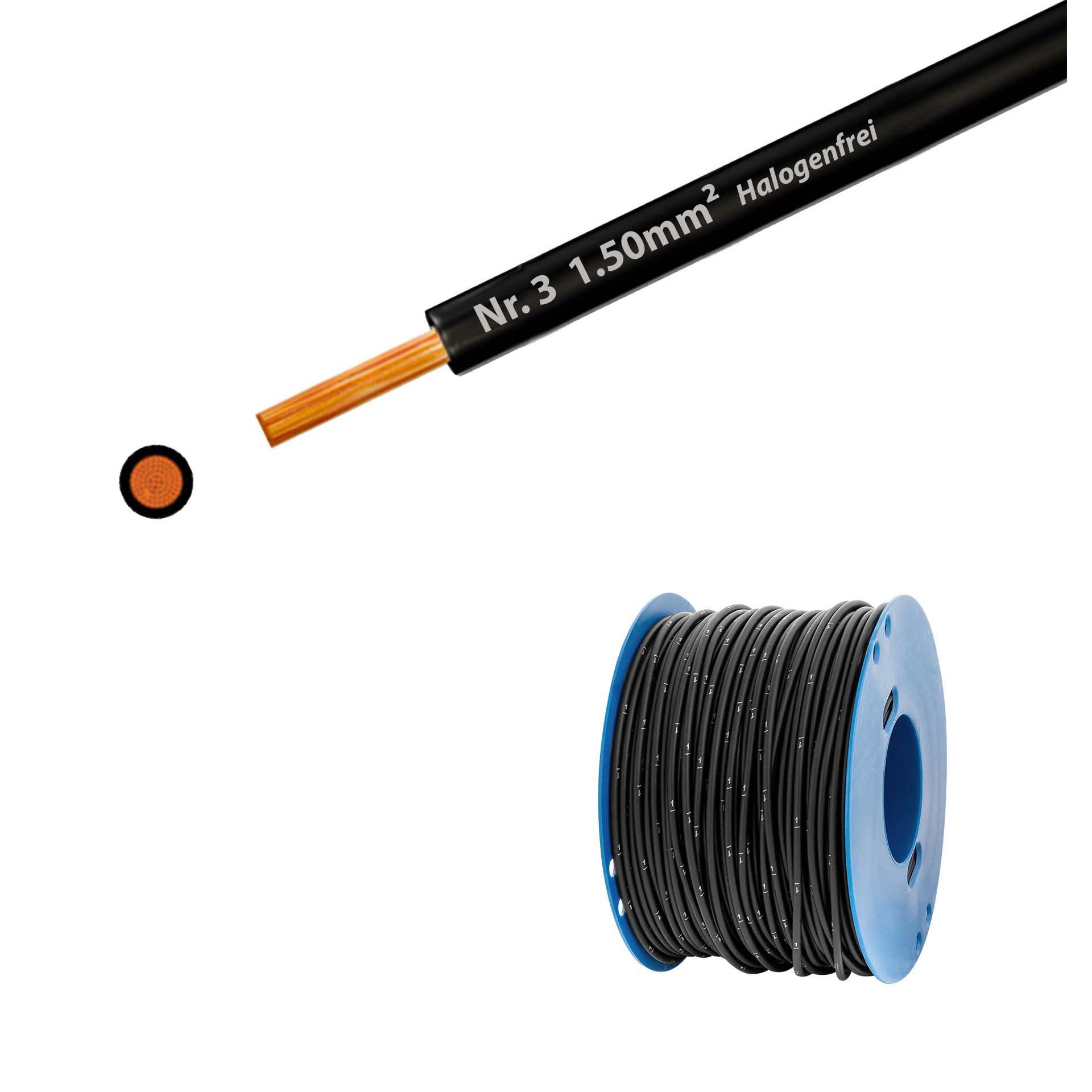 Cavo a trefoli senza alogeni 90° C, 750 V, 1,50 mm2, nero n. 3 (RAL 9005), su bobina di plastica