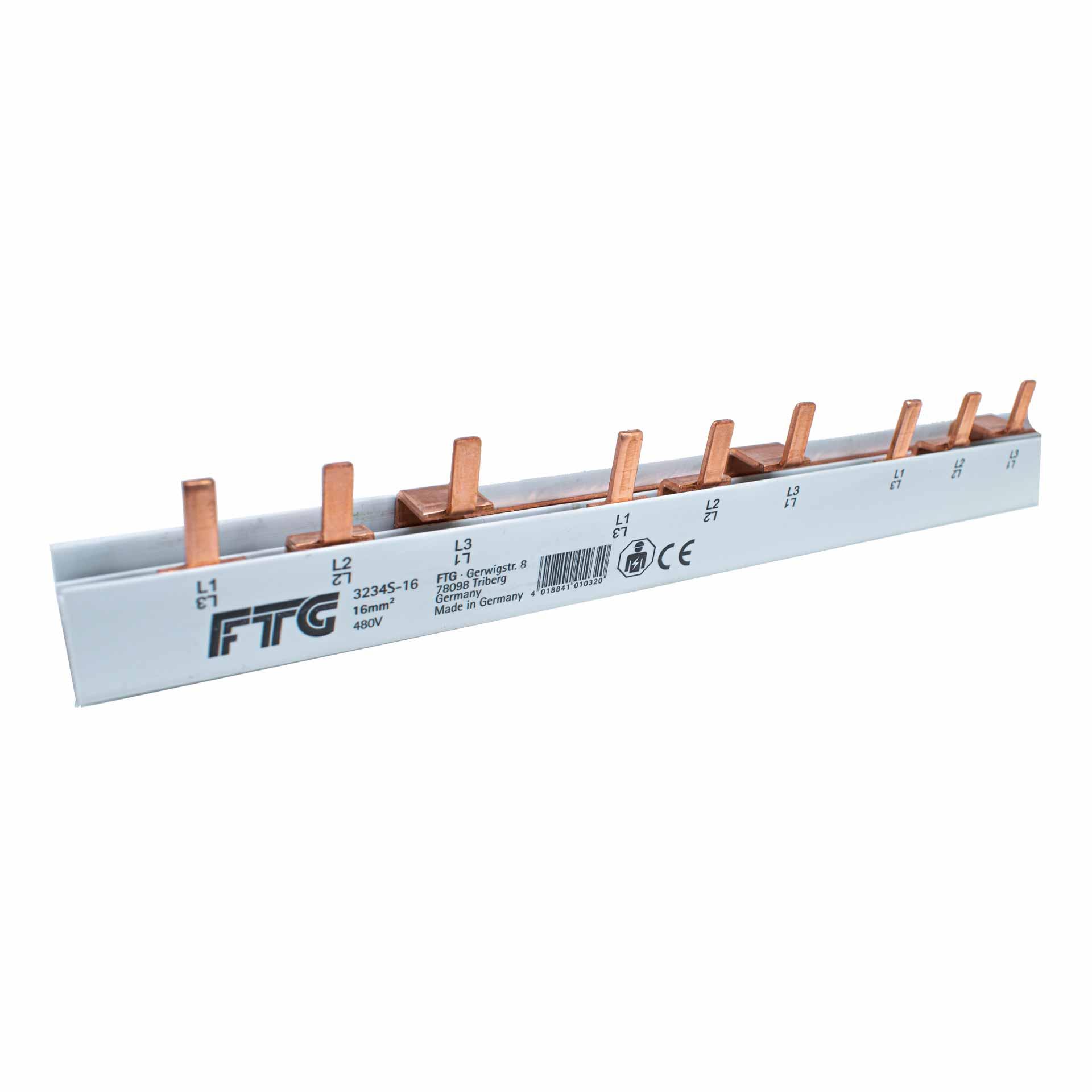 Insulated pin phase busbar 16 mm², 80A, (16 x 3P+H1) P-P= 18 mm 