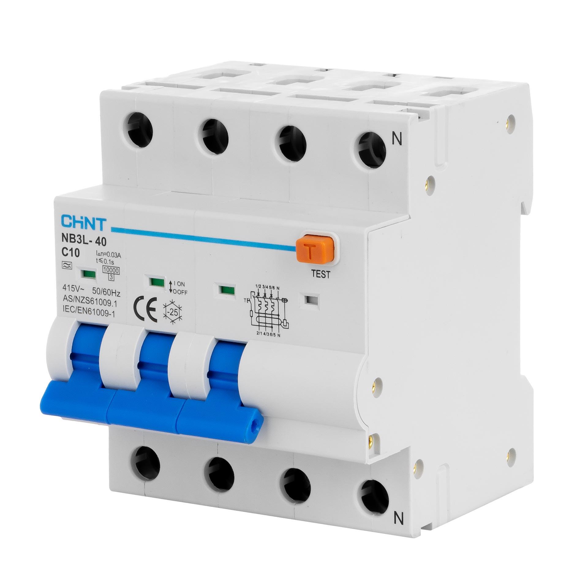 Chint DDR/PI - RCBO, type A, 3-pôle+N, caractéristique C / 10A, 10kA, 30mA, type NB3L-40