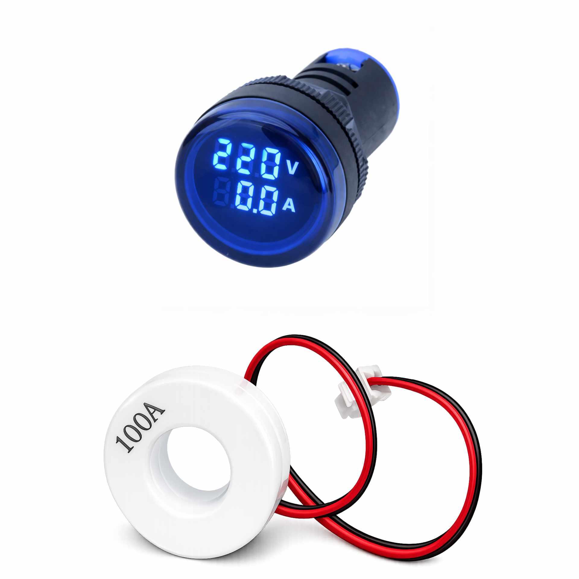 Indicatore digitale a LED da incasso 22 mm, corrente/tensione, rotondo, blu