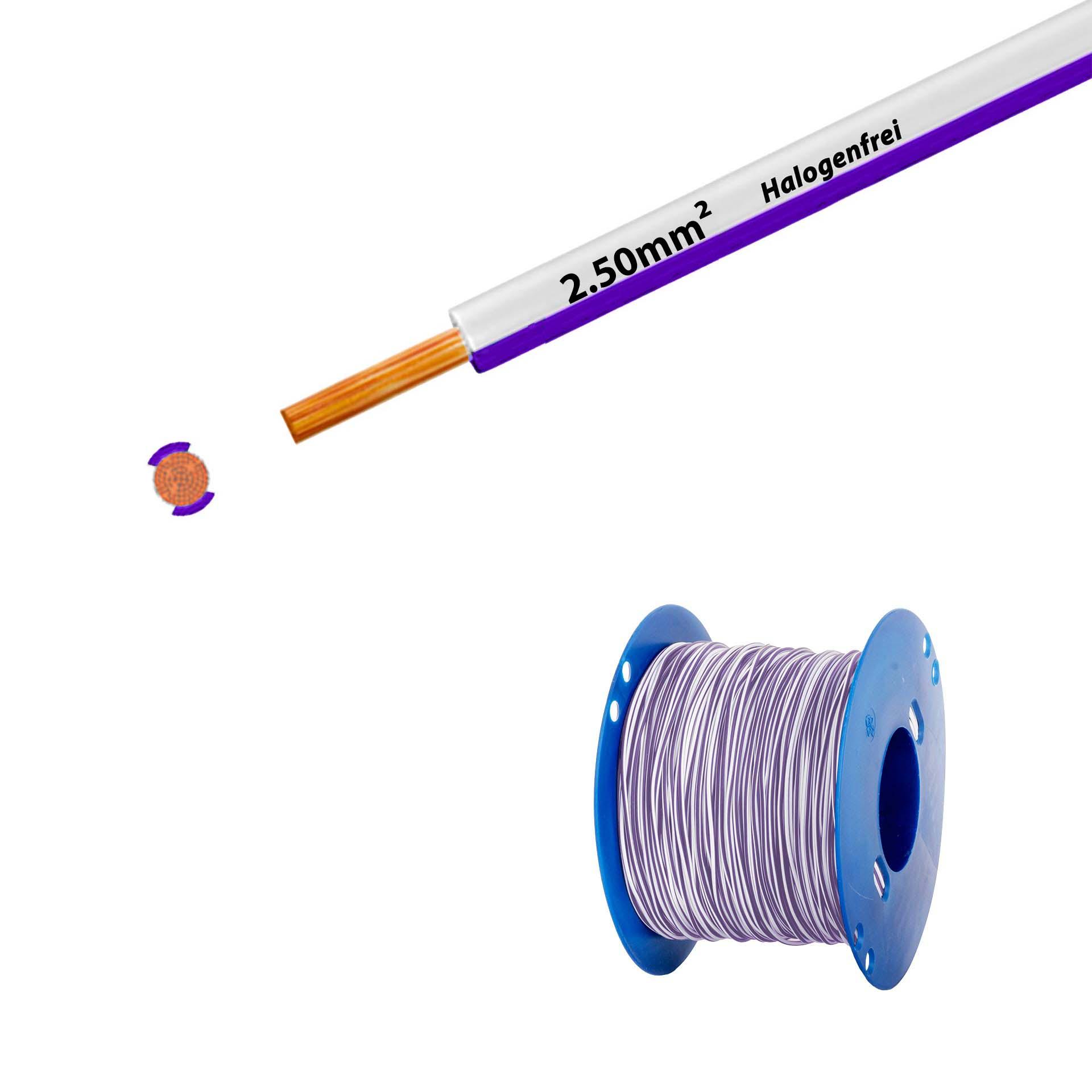 Cavo a trefoli senza alogeni 90° C, 750 V, 2,50 mm2, bianco-violetto (RAL 9010/4005), su bobina di plastica