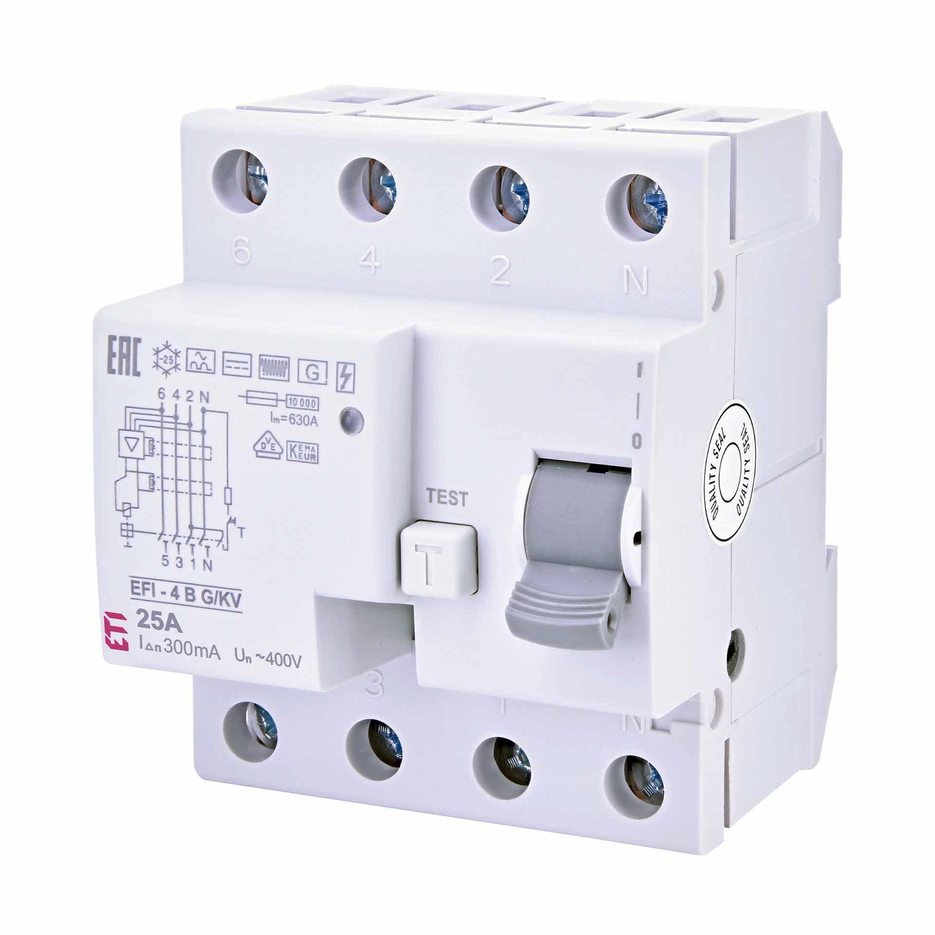 Residual current circuit-breaker, short-time delayed, EFI-4, type-B, G/KV, 4-pole, 25A, 10kA (0.3A)
