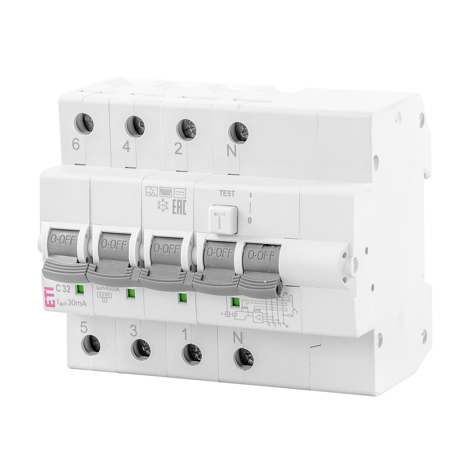 FI/LS,  KZS-6M, Typ-B, 3-polig+N, Charakteristik C / 32A, 6kA (0.03A) FI/LS,  KZS-6M, Typ-B, 3-polig+N, Charakteristik C / 32A, 6kA (0.03A)