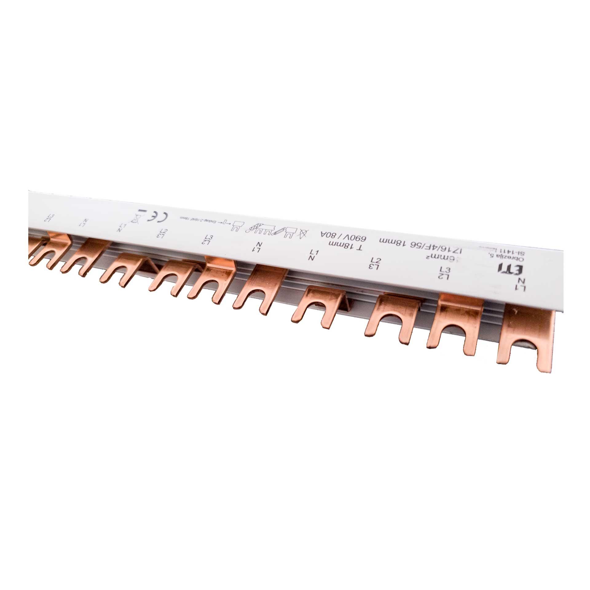 Insulated forked phase busbar 16mm2, (14x3PN) P-P=18mm