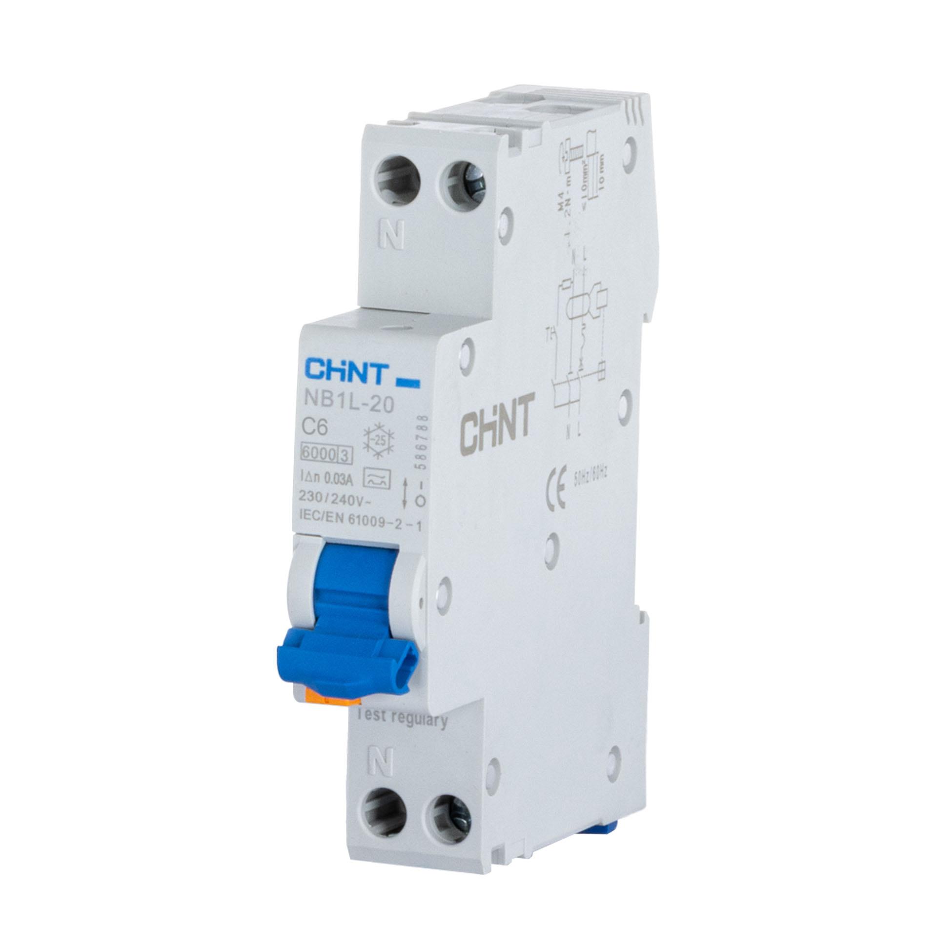 Chint FI/LS - RCBO 1-Modul, Typ A, 1P+N, Charakteristik C / 6A, 6kA, 30mA, Typ NB1L-20