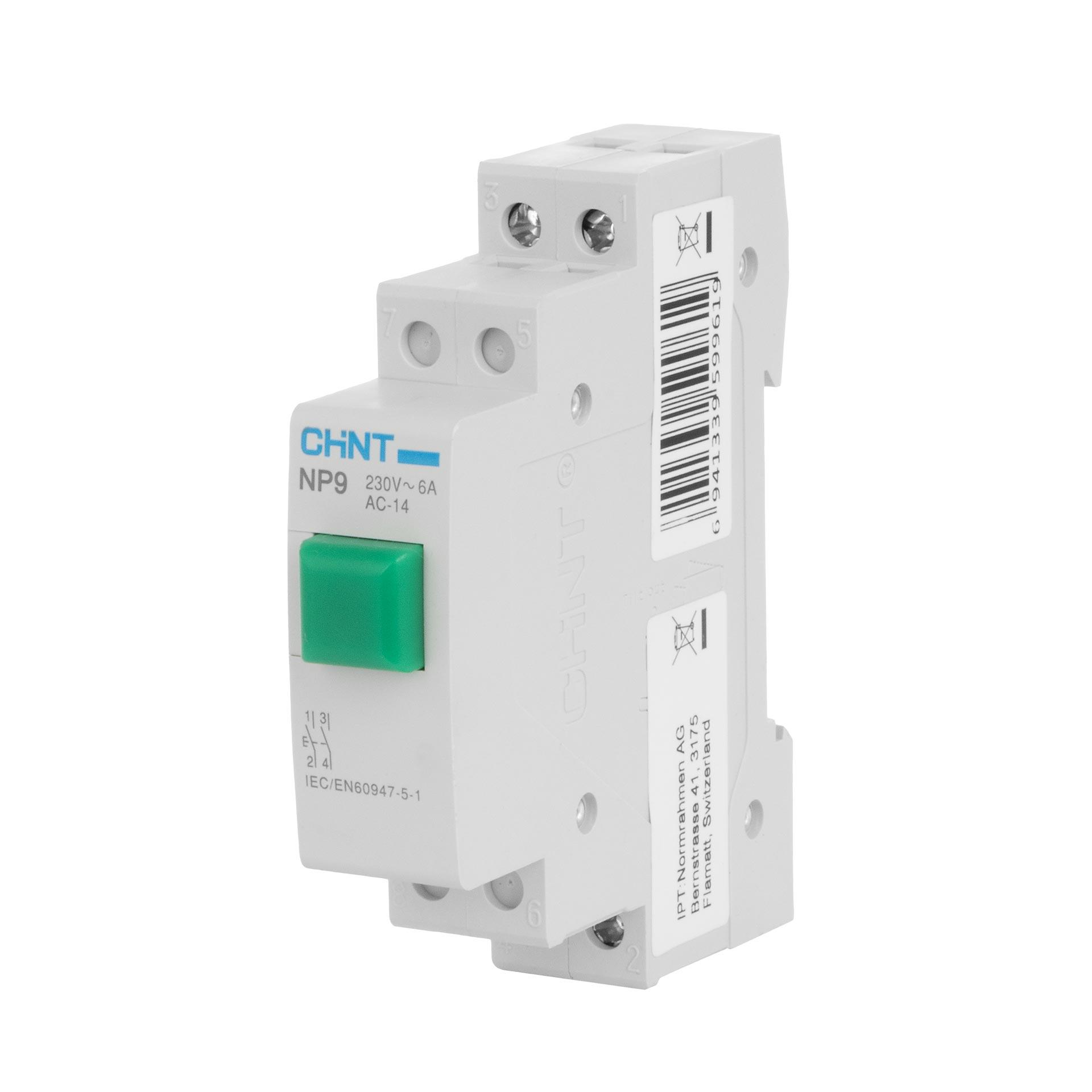 Pulsante Chint REG (verde), 1 modulo, 230V AC/DC, 16A (Ith), 6A (Ie), 2 contatti NA, tipo NP9-20/1