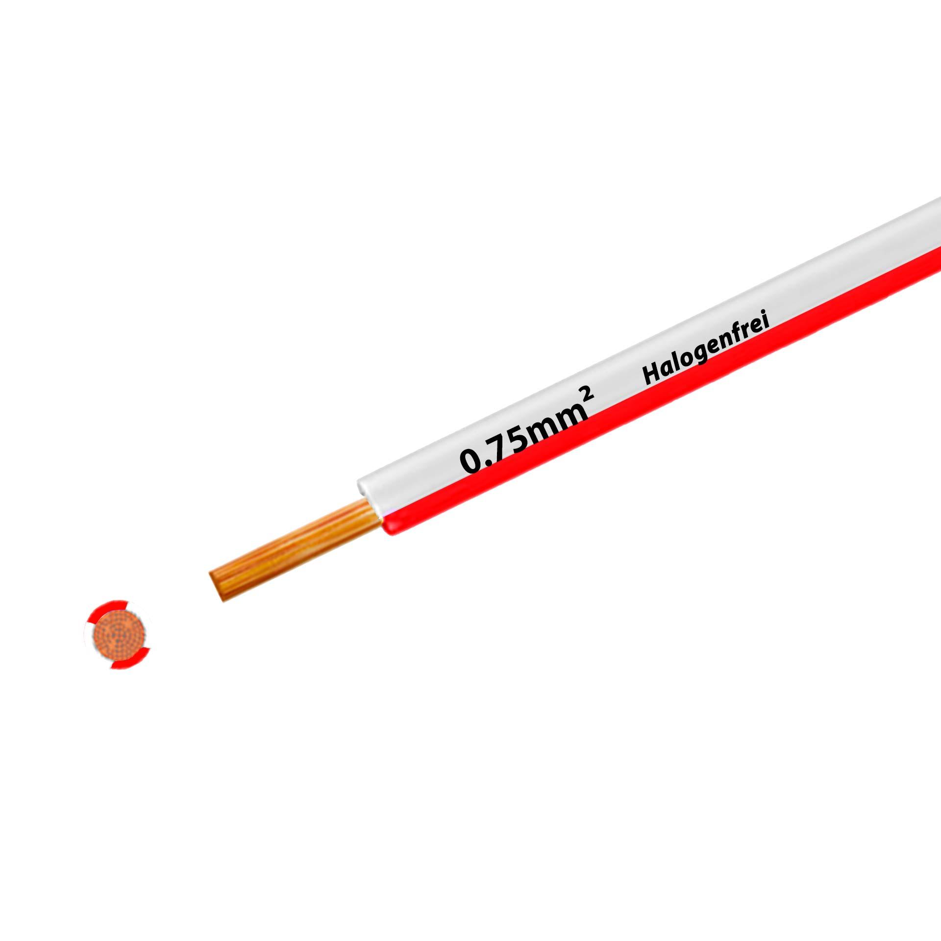 Litze halogenfrei 90° C , 500V, 0.75mm2, weiss-rot (RAL 9010/3000), auf Kunststoffrolle