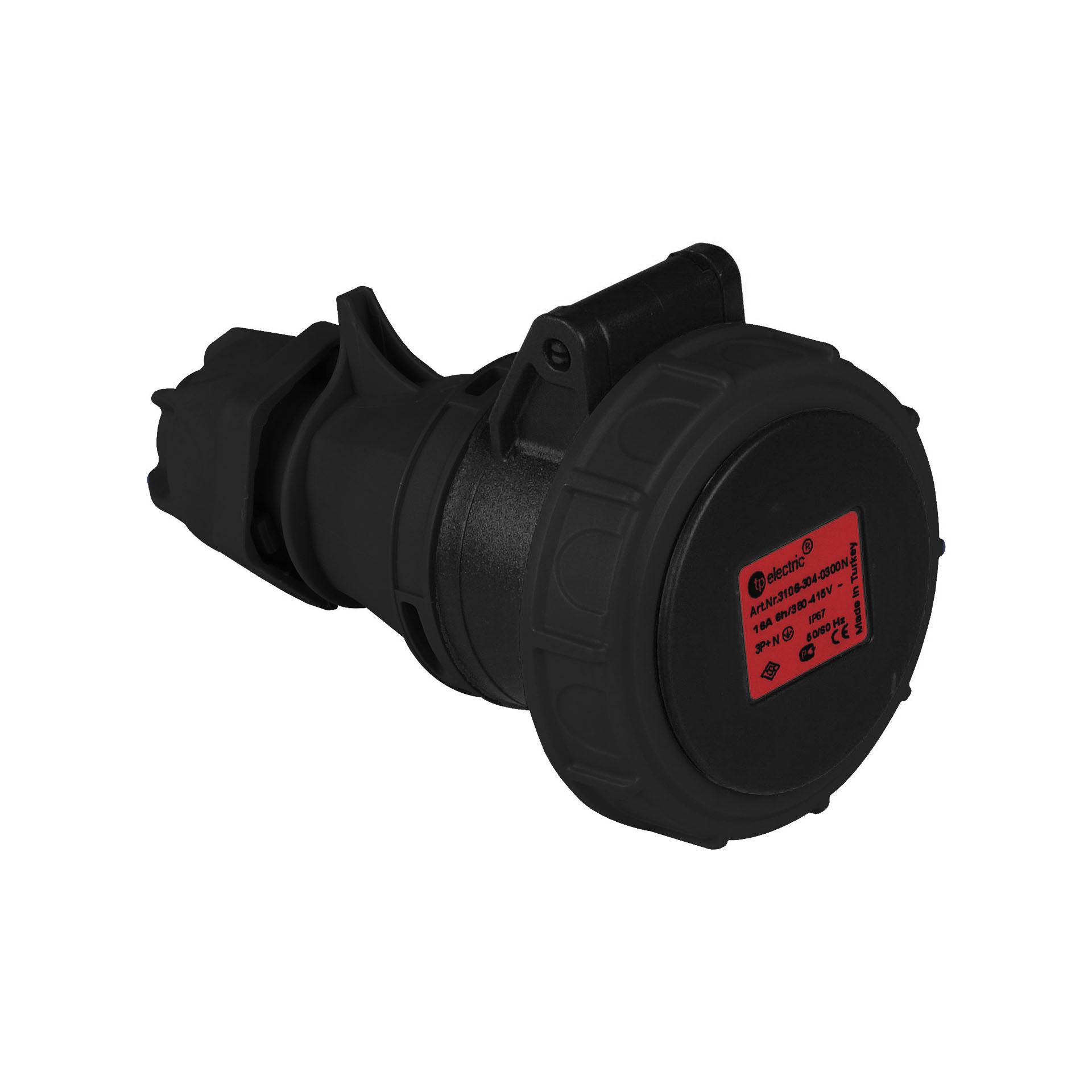 CEE connector 16A, 400V, 5-pin (3P+N+E), 6h, IP67, black, nickel-plated contacts