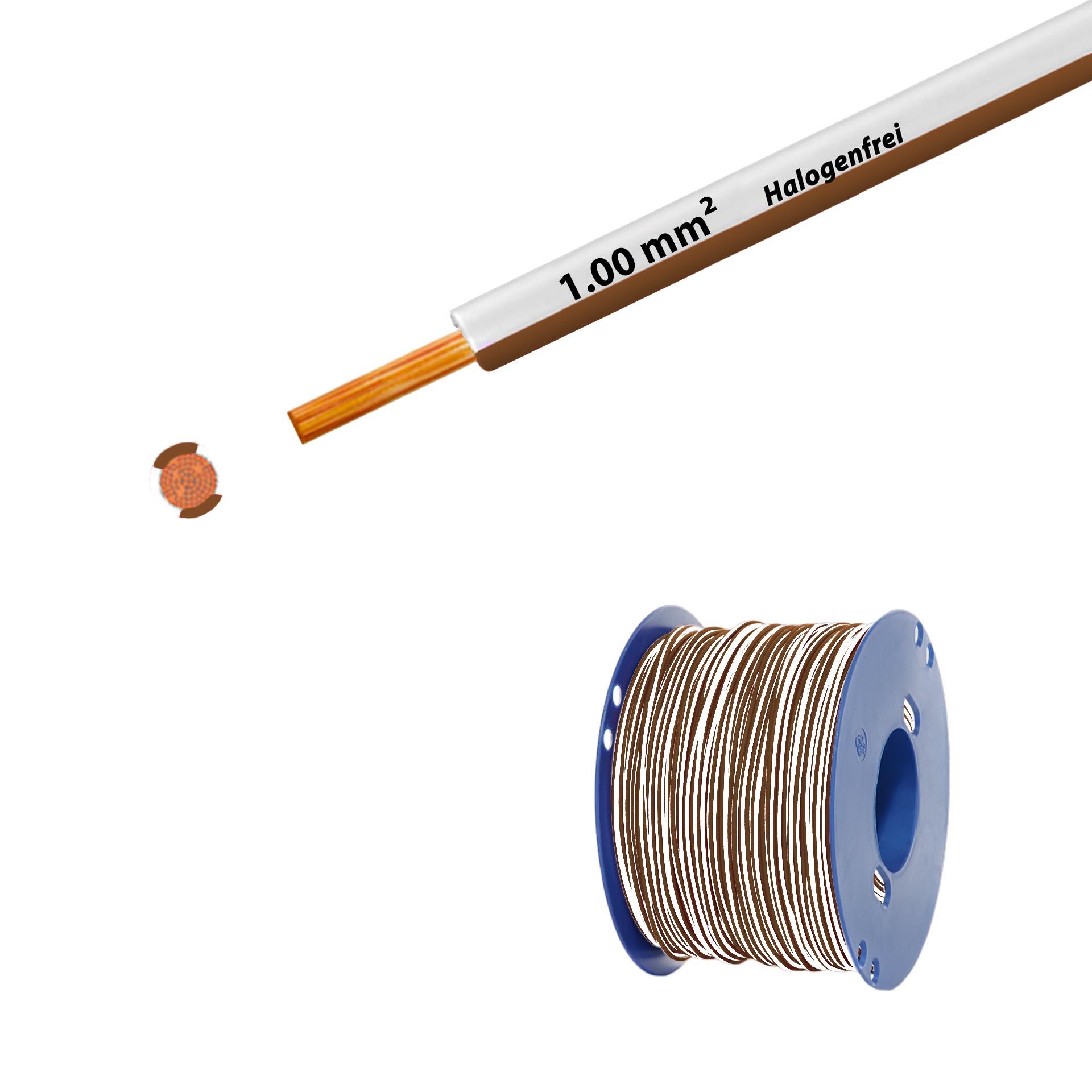 Litze halogenfrei 90° C , 500V, 1.00mm2, weiss-braun (RAL 9010/8003), auf Kunststoffrolle