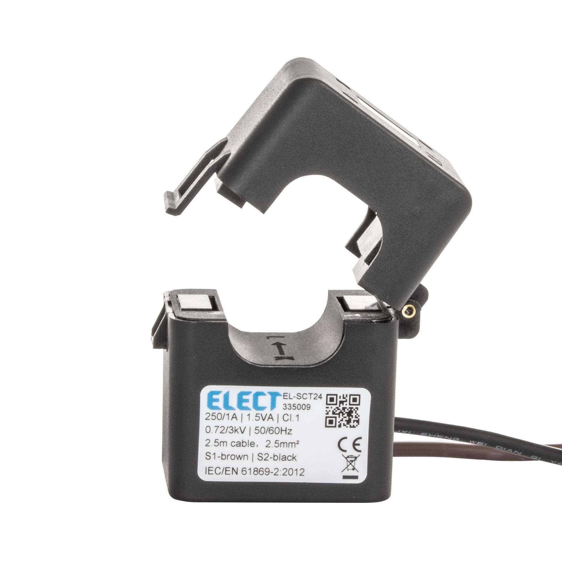 Trasformatore con cavi integrati EL-SCT24 | 250 V/5 A, 1,5 VA, Classe 1, Ø 24 mm, 2,5 mm², cavo intrecciato da 2,5 m