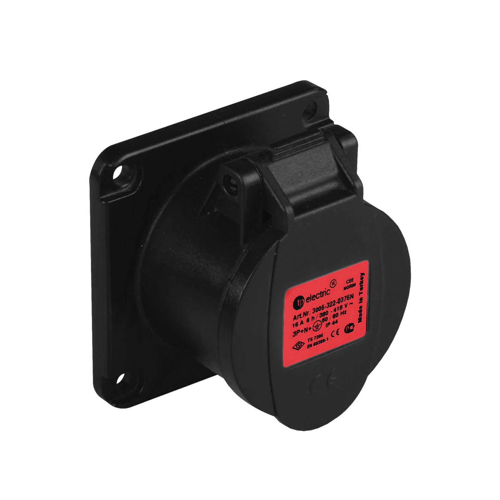 Quick CEE socket outlet 16A, 400V, 5-pin (3P+N+E), 6h, IP44, straight, black, nickel-plated contacts