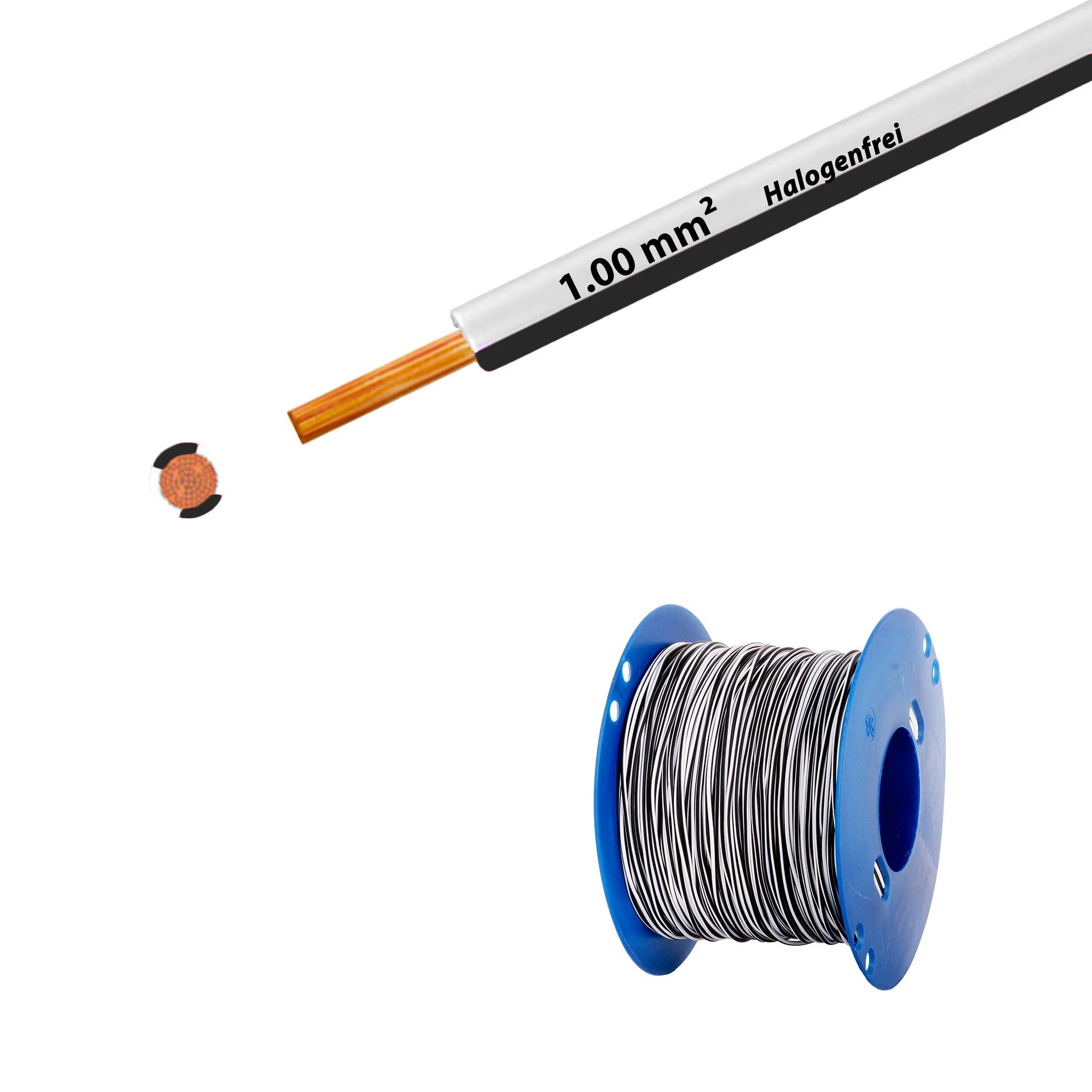 Halogen-free stranded wire 90° C, 500V, 1.00mm2, white-black (RAL 9010/9005), on plastic reel
