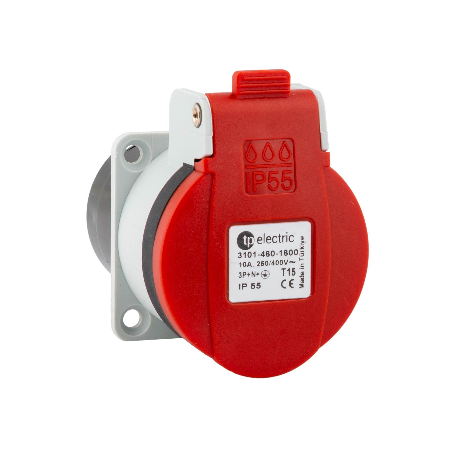 Prise encastrable T15 10A 5P, IP55, 3PNE 400/230V, contacts nickelés, borne à vis, SN 441011