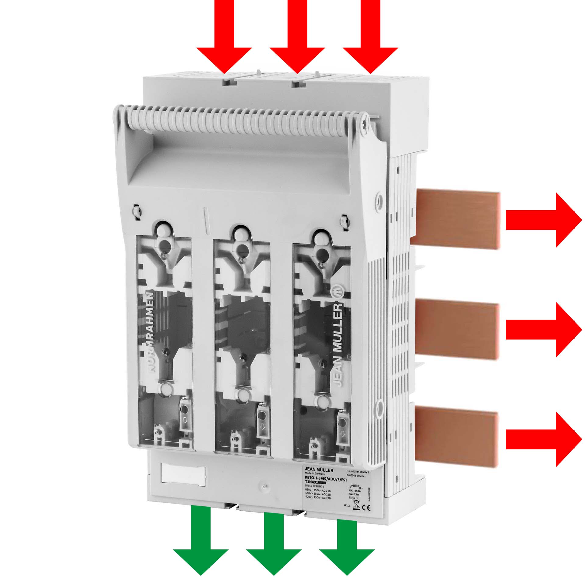 KETO Sectionneur HPC Gr.1, 3P, 60mm, M10, 250A, Raccordement en haut/bas, alim. intégrée (EST), gris KETO Sectionneur HPC Gr.1, 3P, 60mm, M10, 250A, Raccordement en haut/bas, alim. intégrée (EST), gris