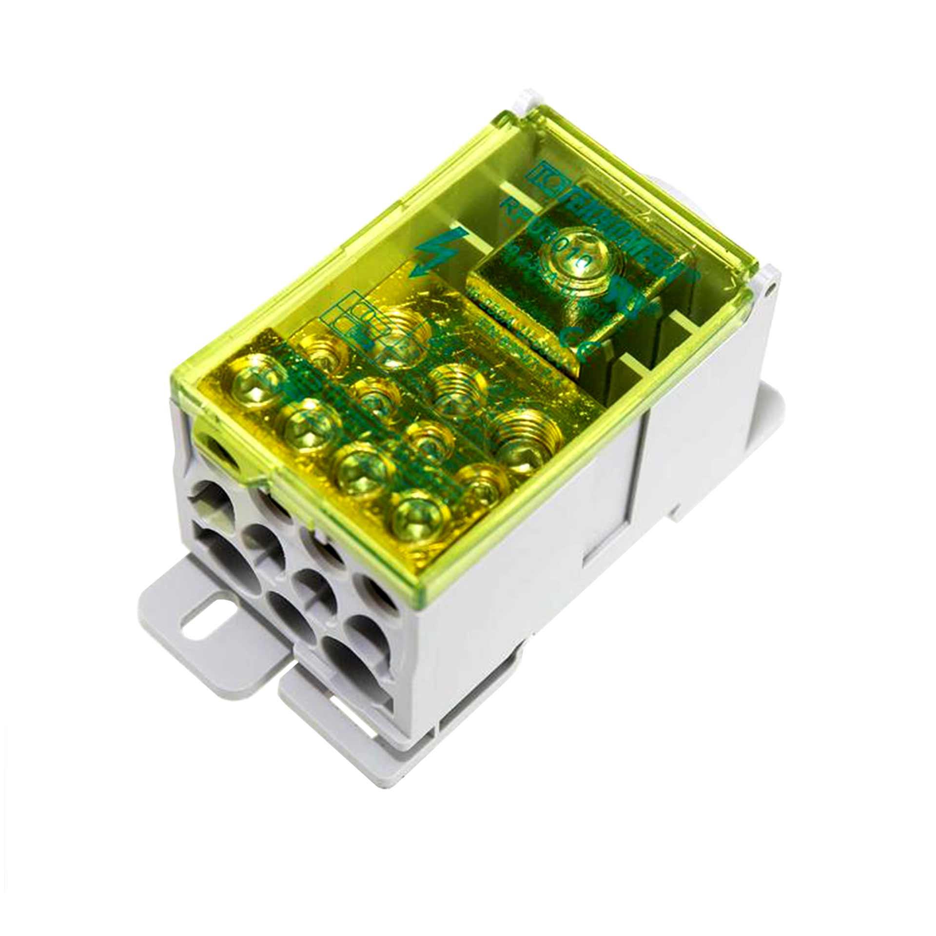 1-phase terminal block 250A 690V, inputs: 1x 35-120mm2, outputs: 2x 6-35mm2, 9x 2.5-10/16mm2 