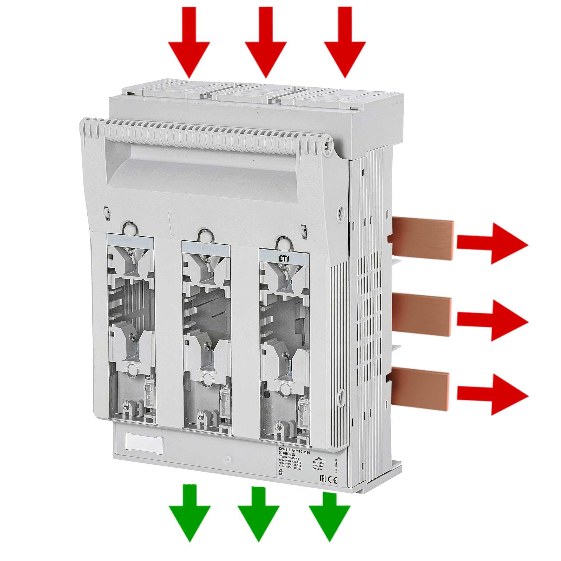 NH-Sicherungslasttrennschalter Gr.2, 3P, Max.400A, KVL B/FT  M10-M10 AU (Sammelschienensystem) NH-Sicherungslasttrennschalter Gr.2, 3P, Max.400A, KVL B/FT  M10-M10 AU (Sammelschienensystem)