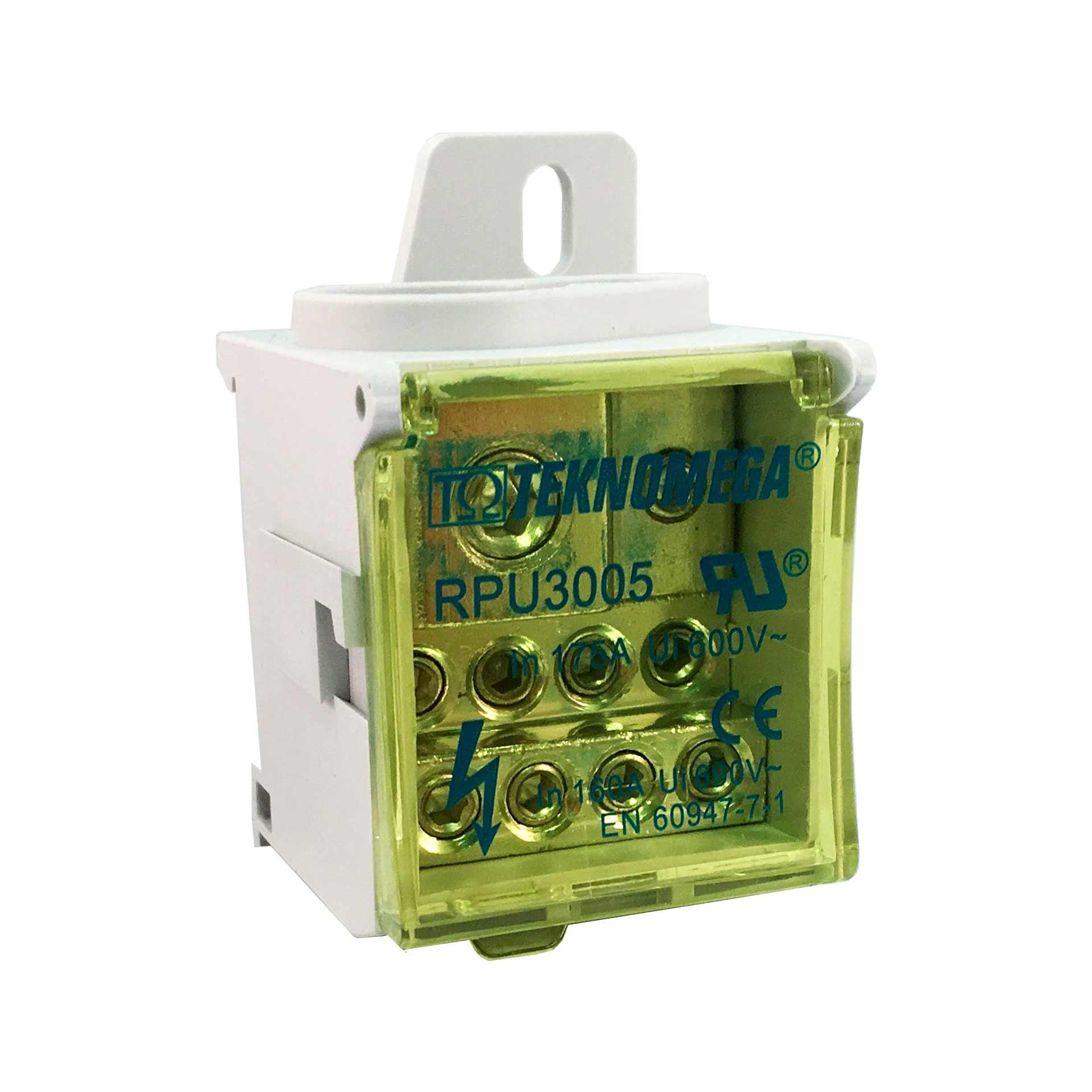 1-phase terminal block 160A 690V, inputs: 1x 10-70mm2, outputs: 1x 6-16mm2, 8x 2.5-16mm2