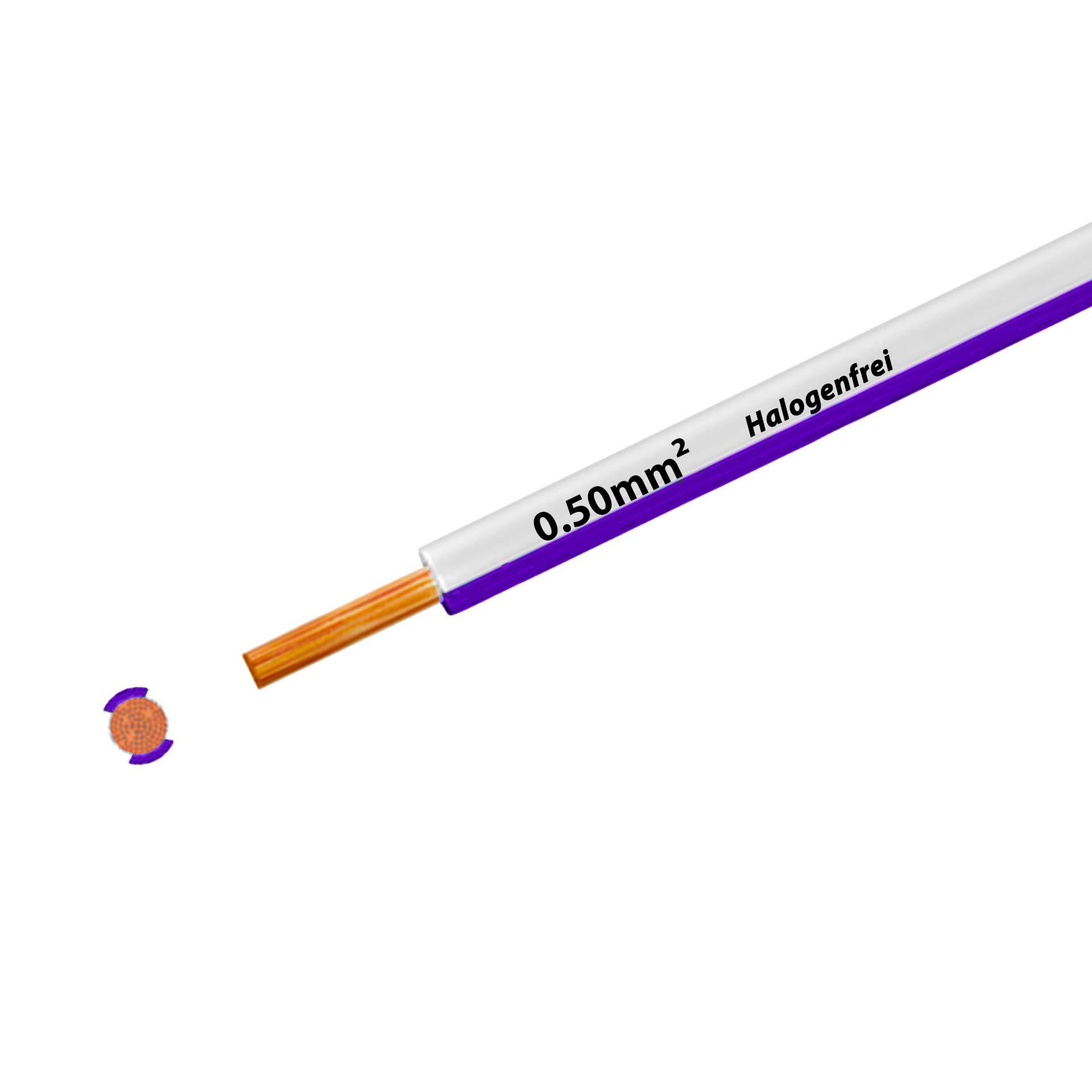 Litze halogenfrei 90° C , 500V, 0.50mm2, weiss-violett (RAL 9010/4005), auf Kunststoffrolle