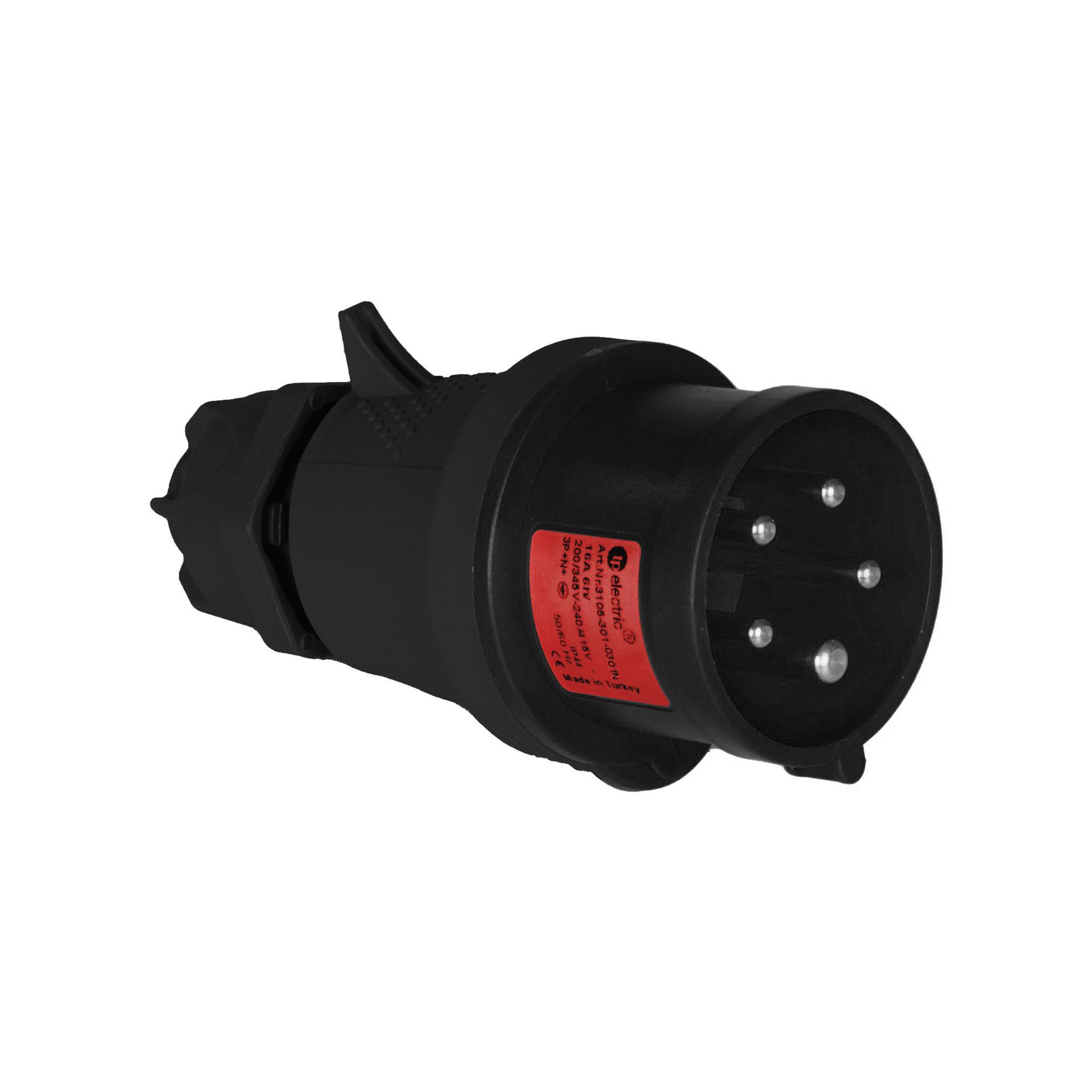 CEE plug 16A, 400V, 5-pin (3P+N+E), 6h, IP44, black, nickel-plated contacts