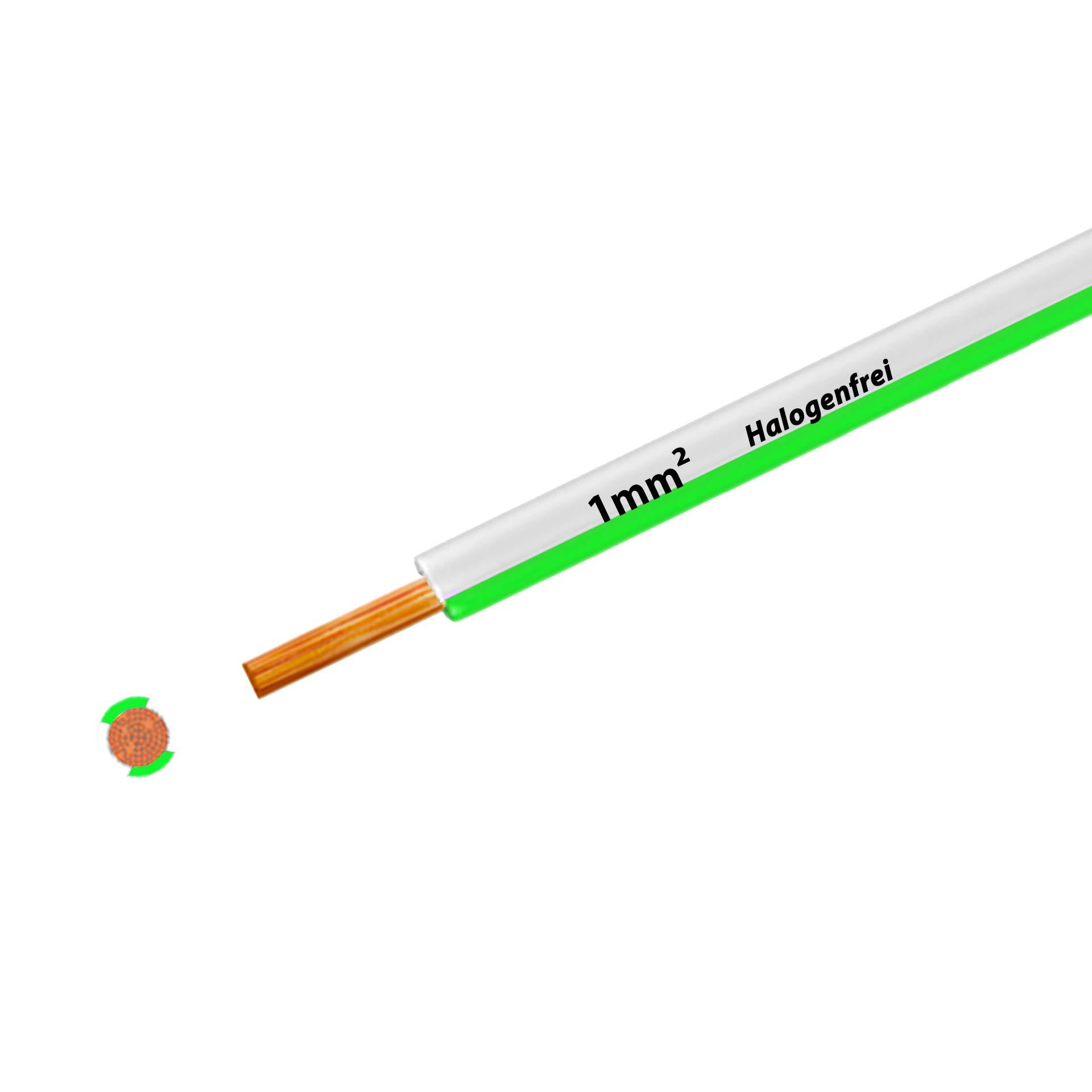 Halogen-free stranded wire 90° C, 500V, 1.00 mm2, white-green (RAL 9010/6018), on plastic reel