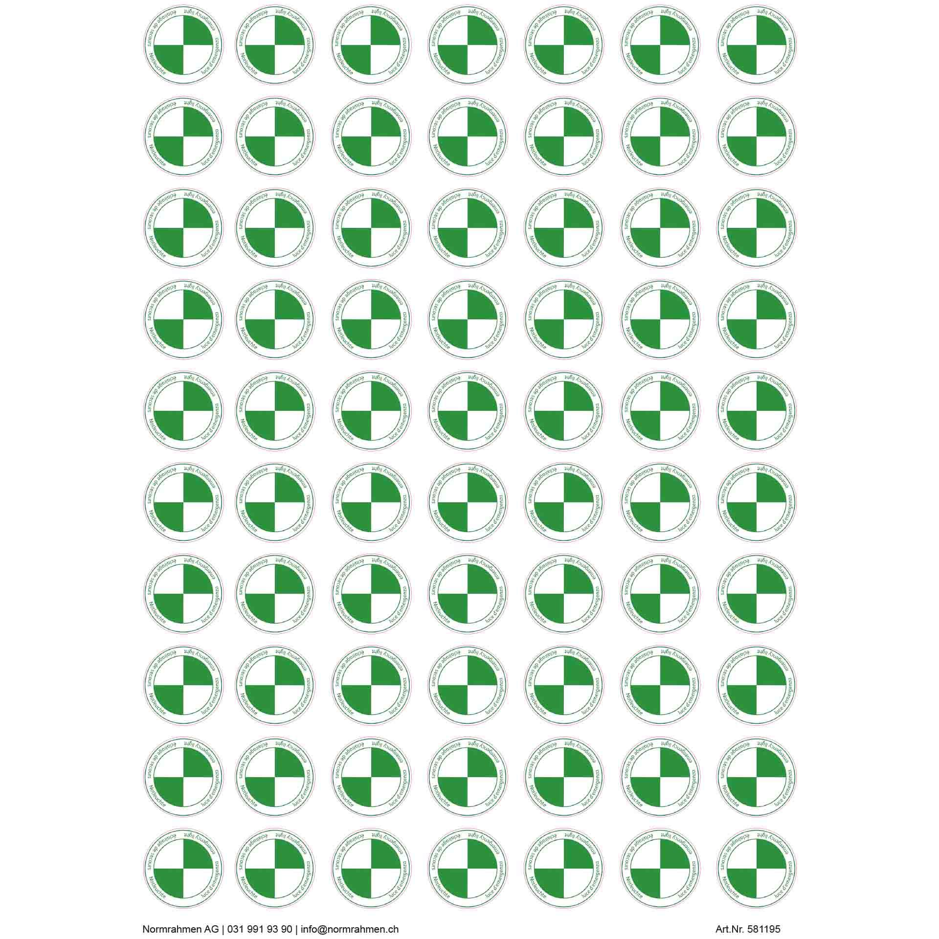 Symbole lampe de secours, 4 langues, diamètre 25 mm, 70 pièces sur une feuille A4