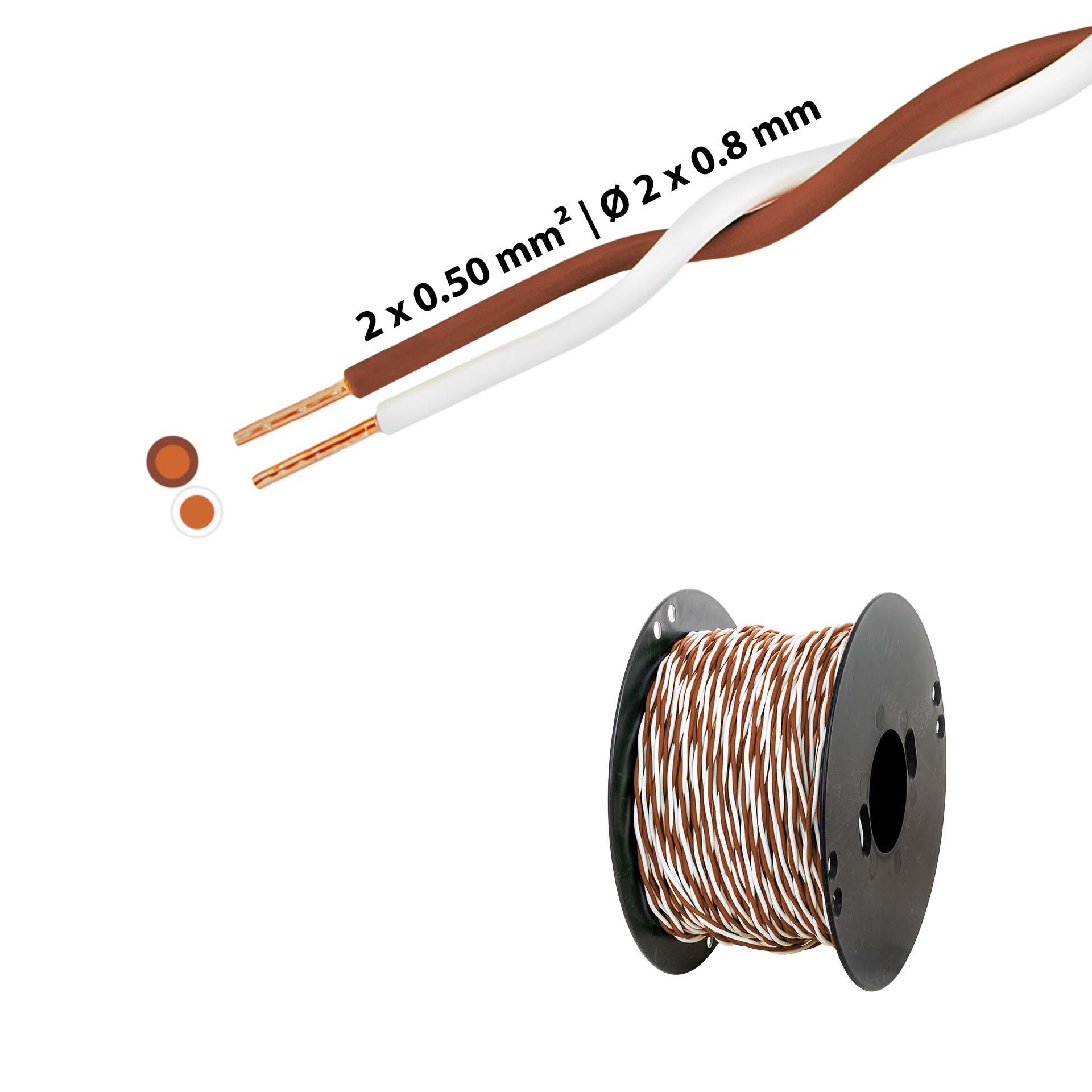 Twisted T-wire 2 x 0.5mm2, white-brown, on plastic reel