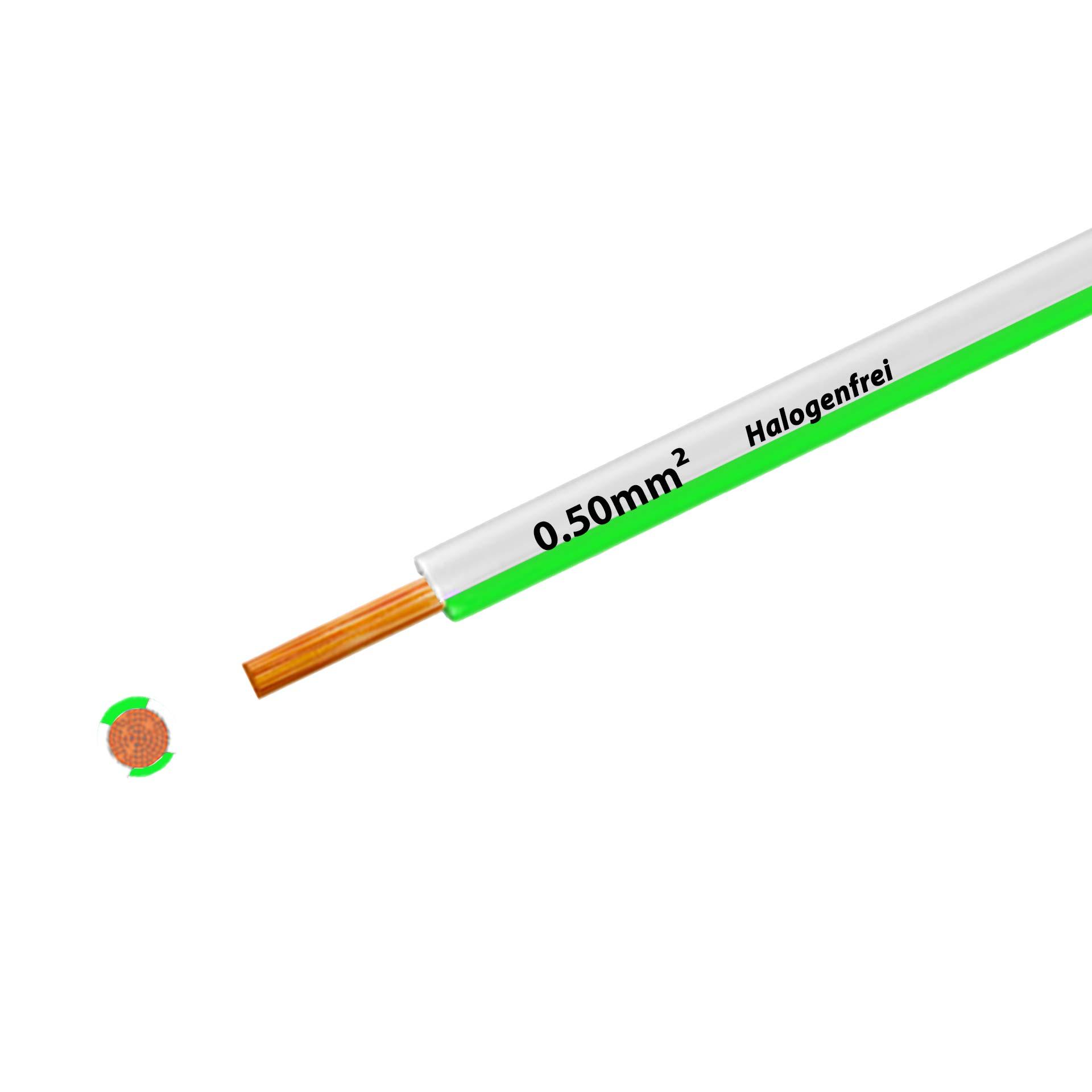 Litze halogenfrei 90° C , 500V, 0.50mm2, weiss-grün (RAL 9010/6018), auf Kunststoffrolle