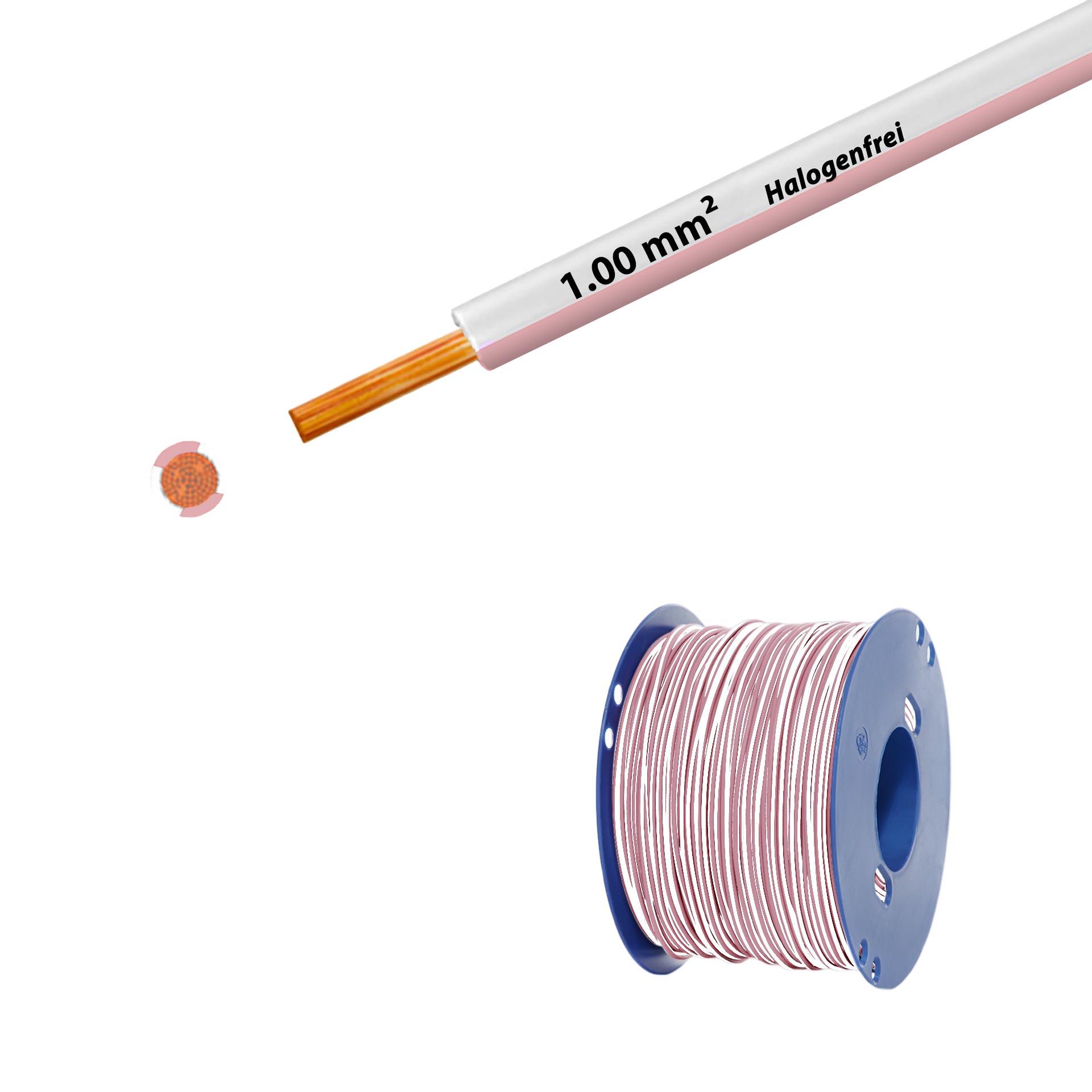 Halogen-free stranded wire 90° C, 500V, 1.00mm2, white-pink/pink (RAL 9010/3015), on plastic reel