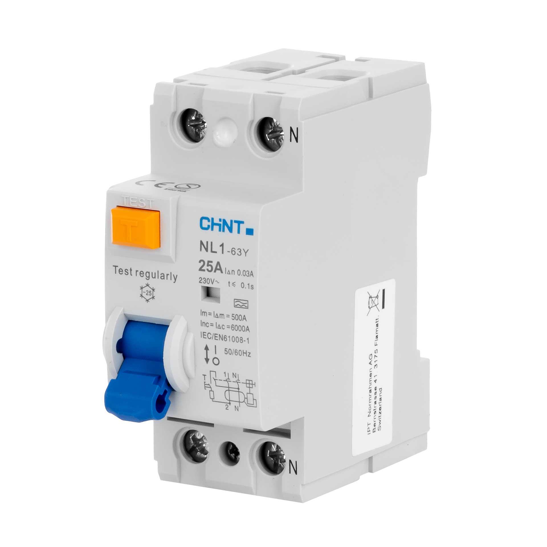 Chint Fehlerstromschutzschalter unverzögert, 2P, 25A, Typ A, 6kA, 30mA, N-Rechts  (NL1-63Y)