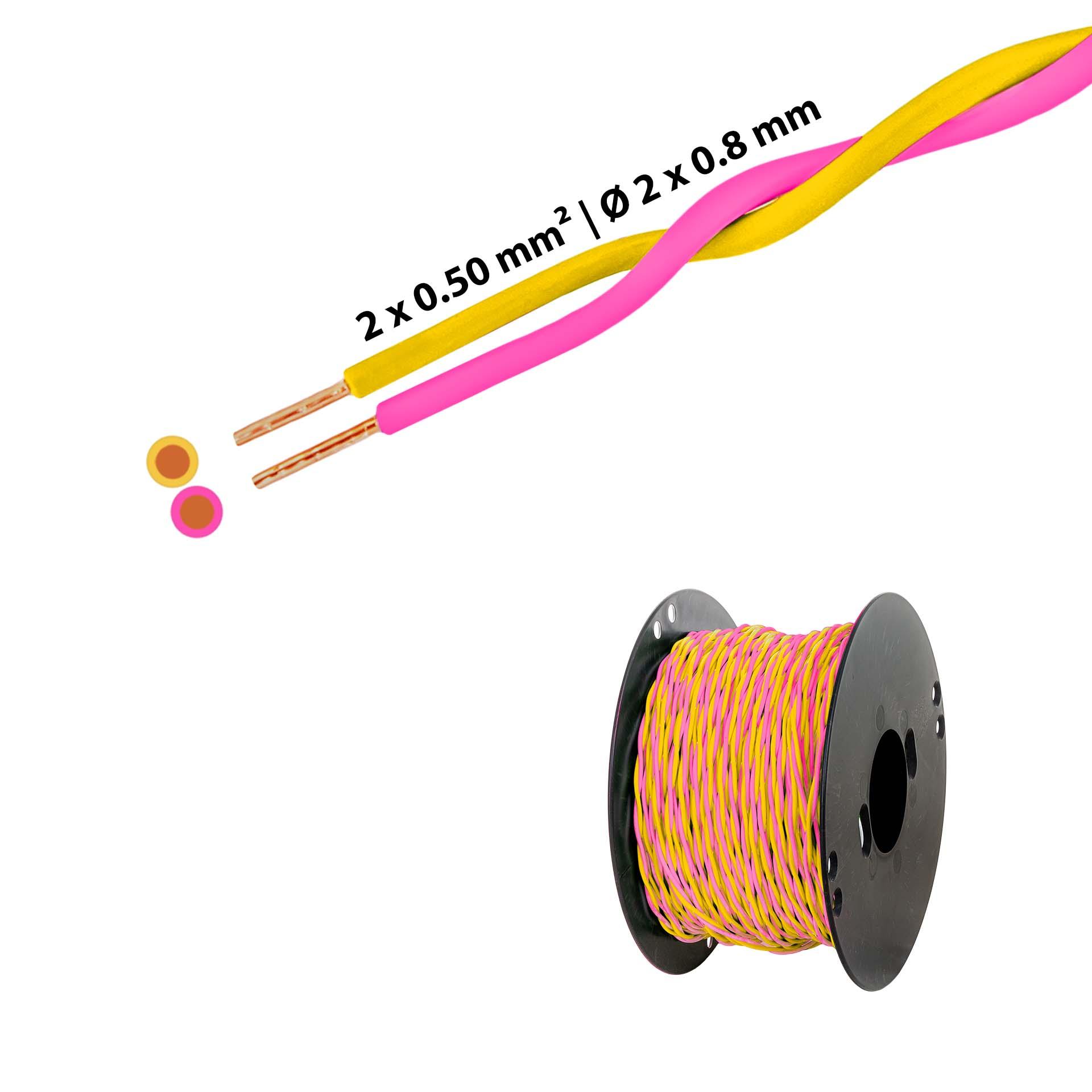 Twisted T-wire 2 x 0.5mm2, yellow-pink, on plastic reel