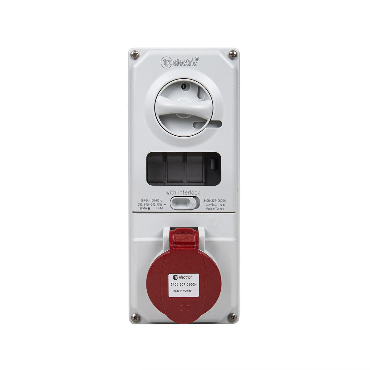 Surface-mounted socket outlet with main switch and fuse CEE 16A 5P 6h, 3PNE 400V, nickel-plated contacts
