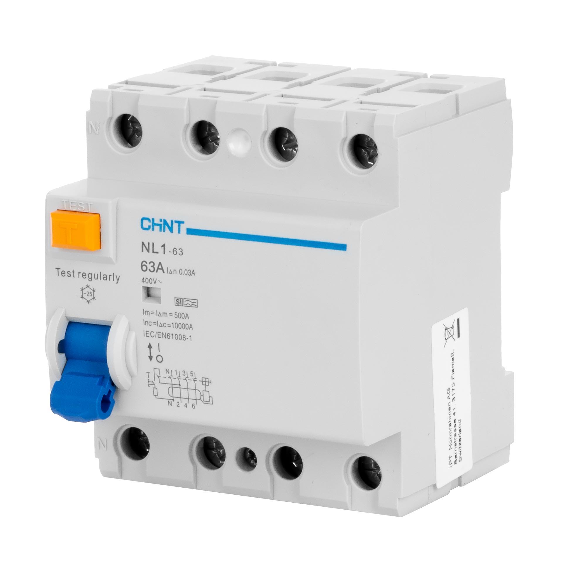 Chint Interrupteur différentiel sélectif, 4P, 63A, type A, SI, 10kA, 30mA, DBAX, N-à gauche (NL1-63)