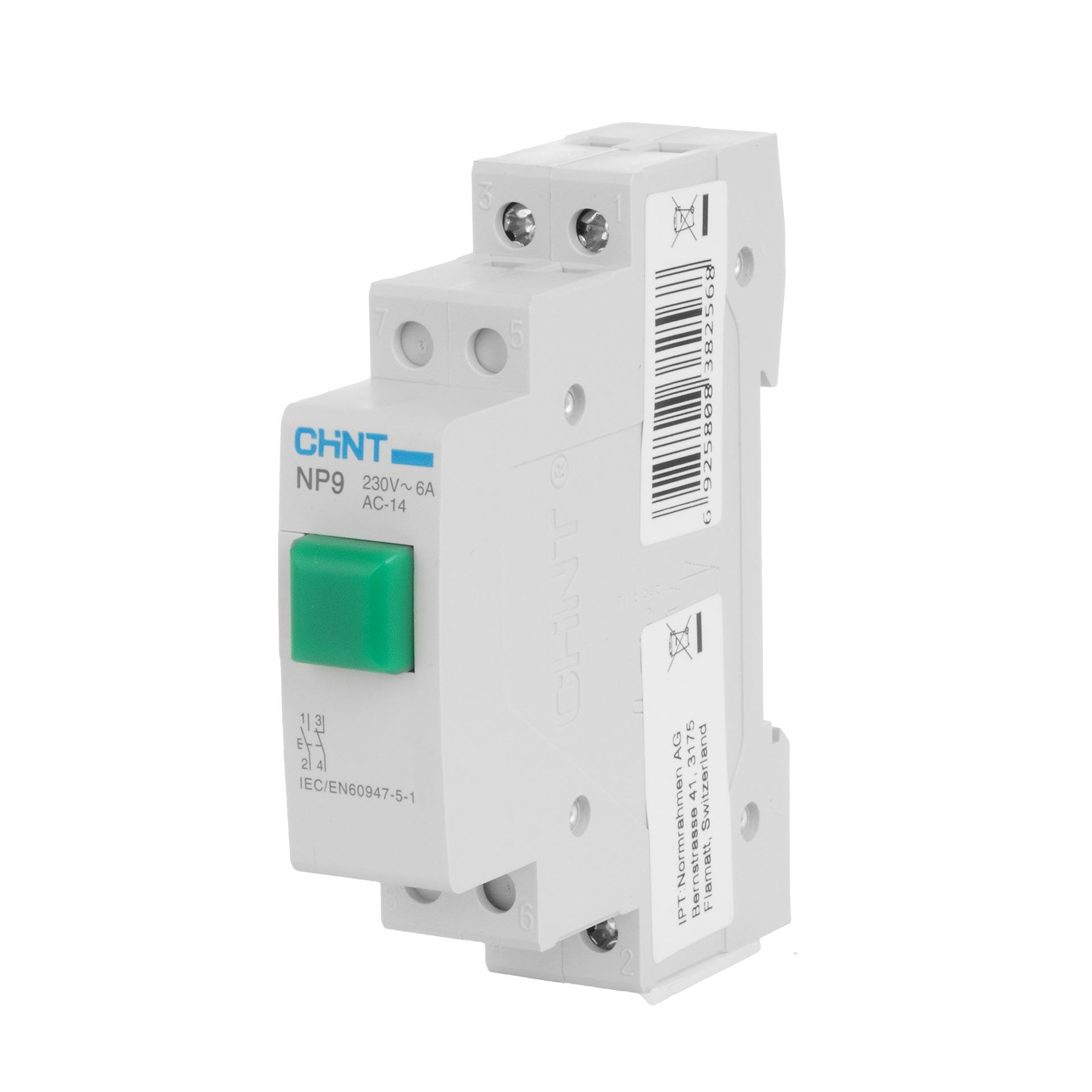 Chint DIN bouton-poussoir (vert), 1-module, 230V AC/DC, 16A (Ith), 6A (Ie), NO & 1 NC, type NP9-11/1
