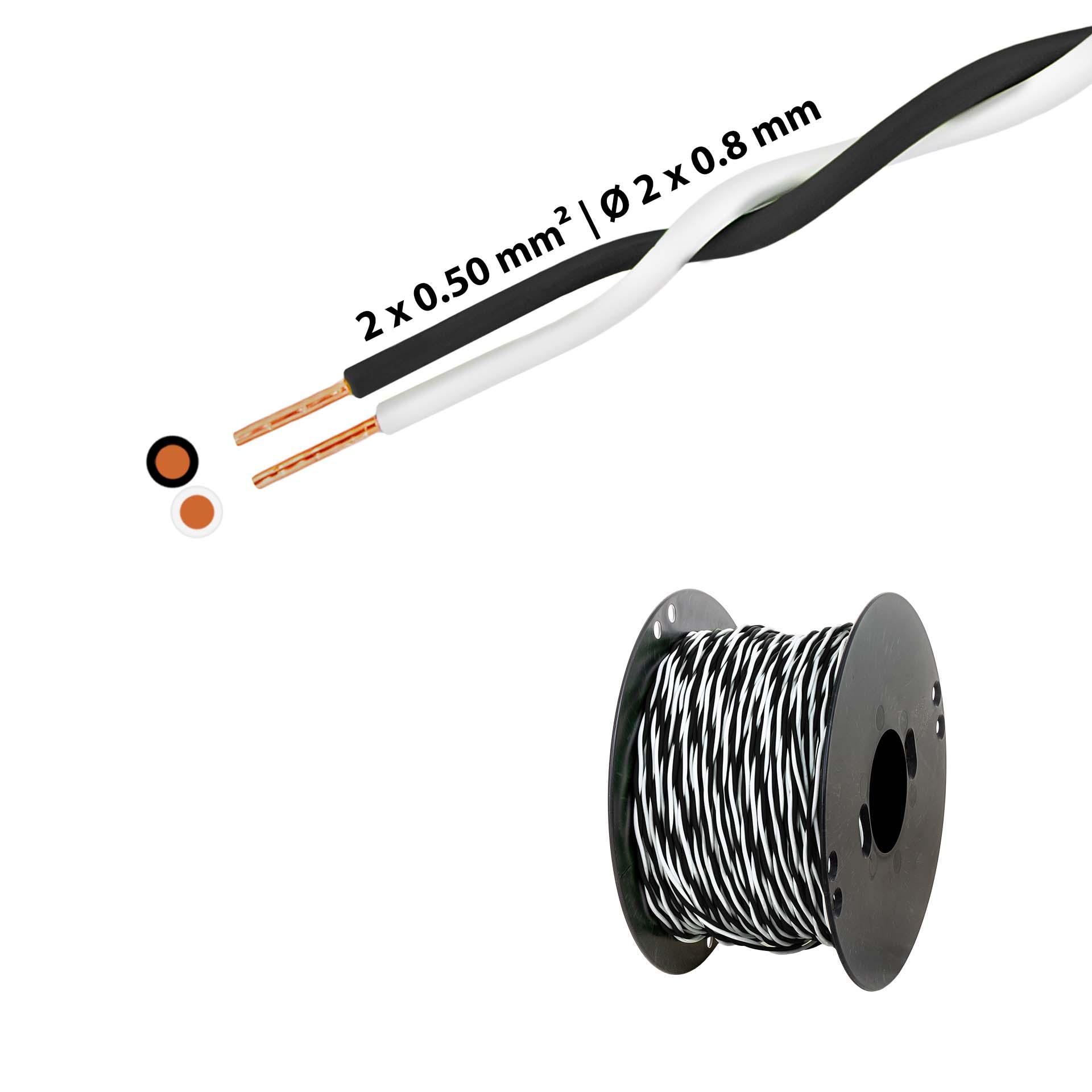 Twisted T-wire 2 x 0.5mm2, white-black, on plastic reel